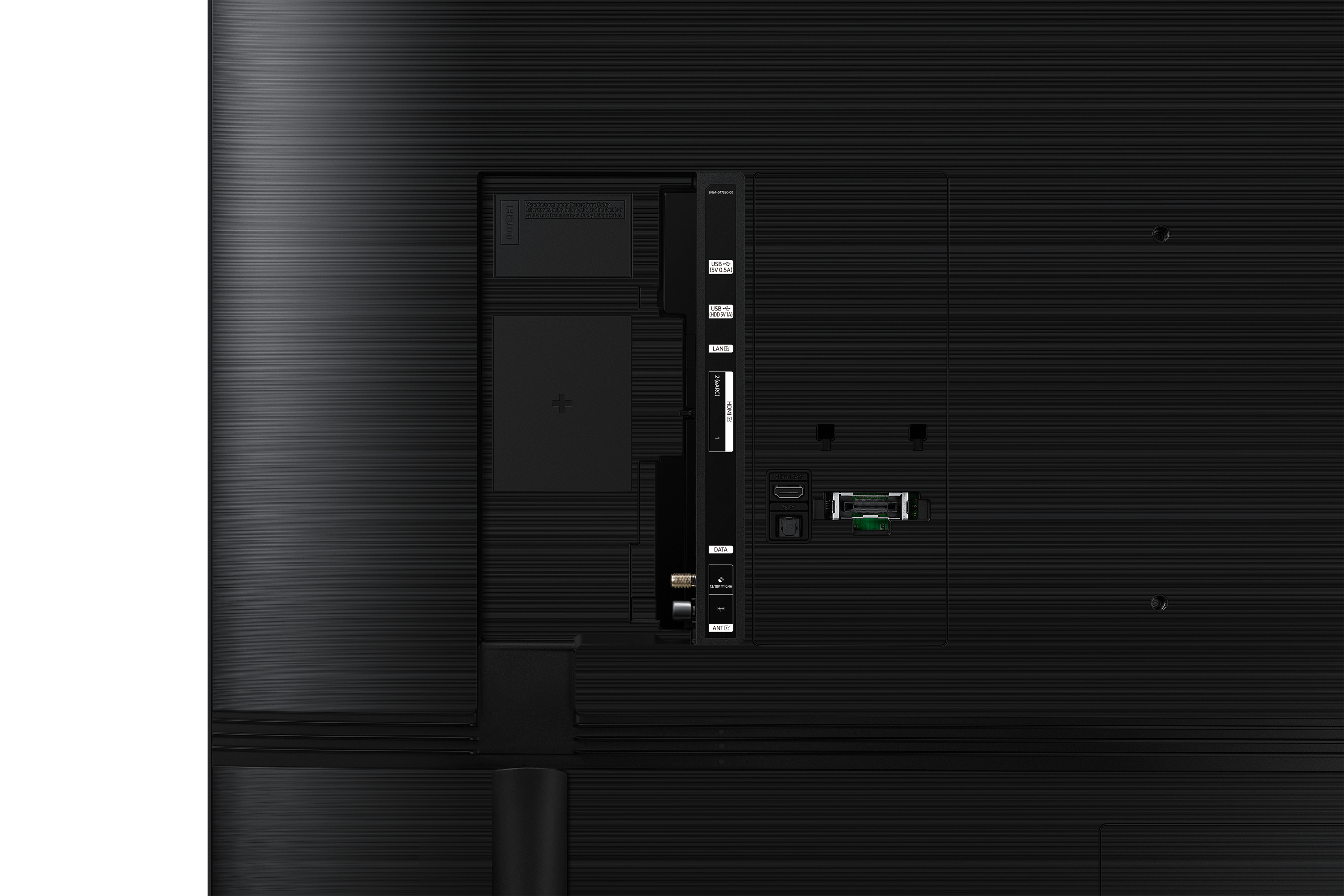 Zbliżenie na tył czarnego monitora. Widoczne porty, w tym HDMI, USB i zasilanie.