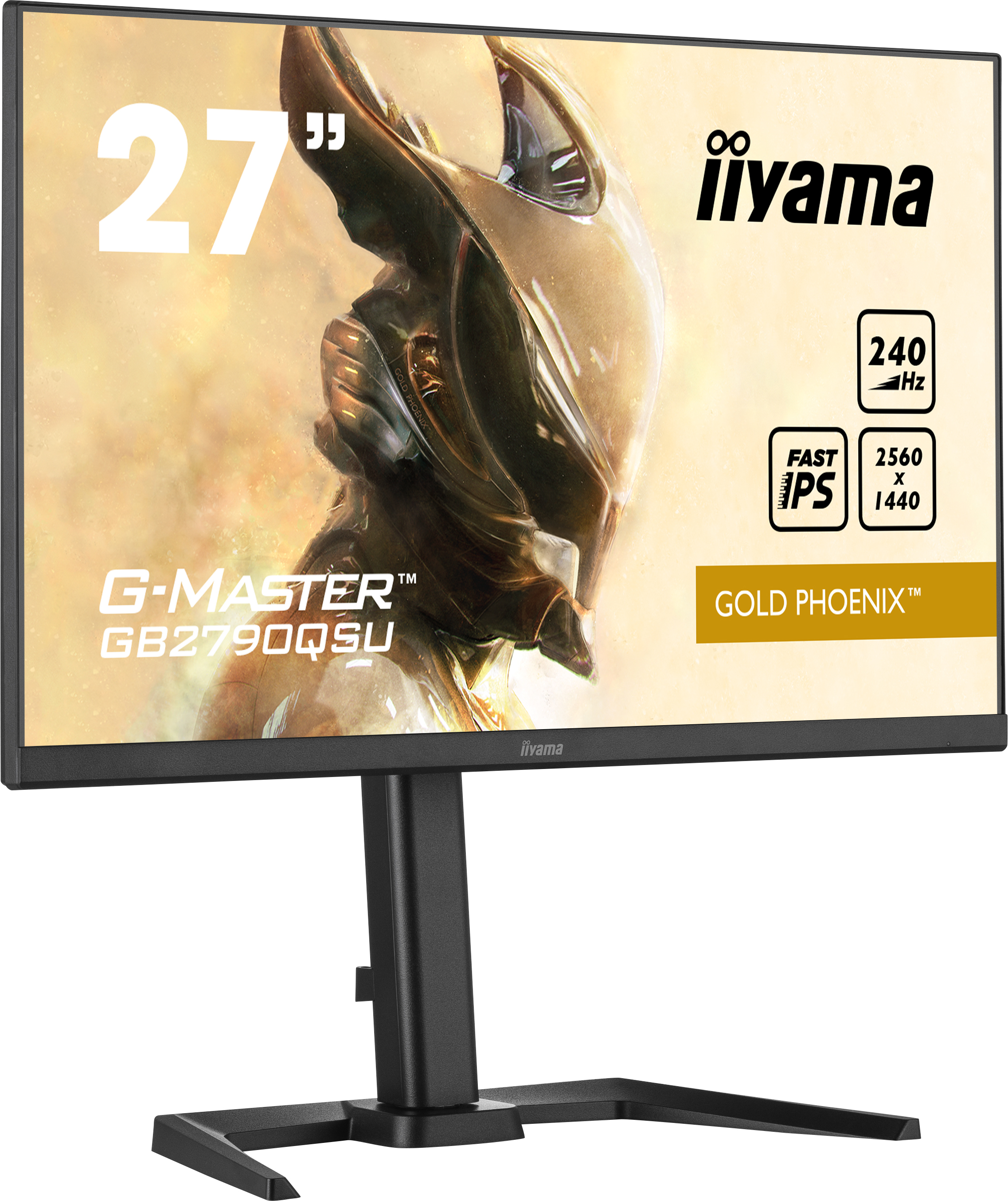 Monitor Iiyama 27" z zakrzywioną podstawą. Wyświetla wojownika w złotej zbroi.