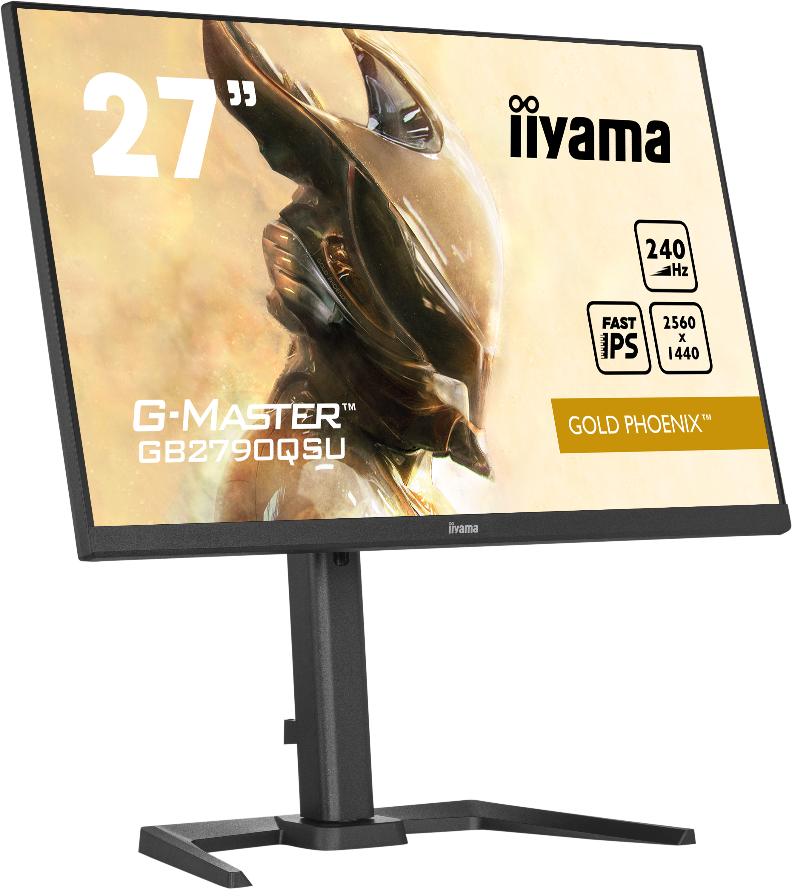 Monitor Iiyama G-Master. Czarna ramka, czarny stojak. Wyświetla futurystycznego robota.