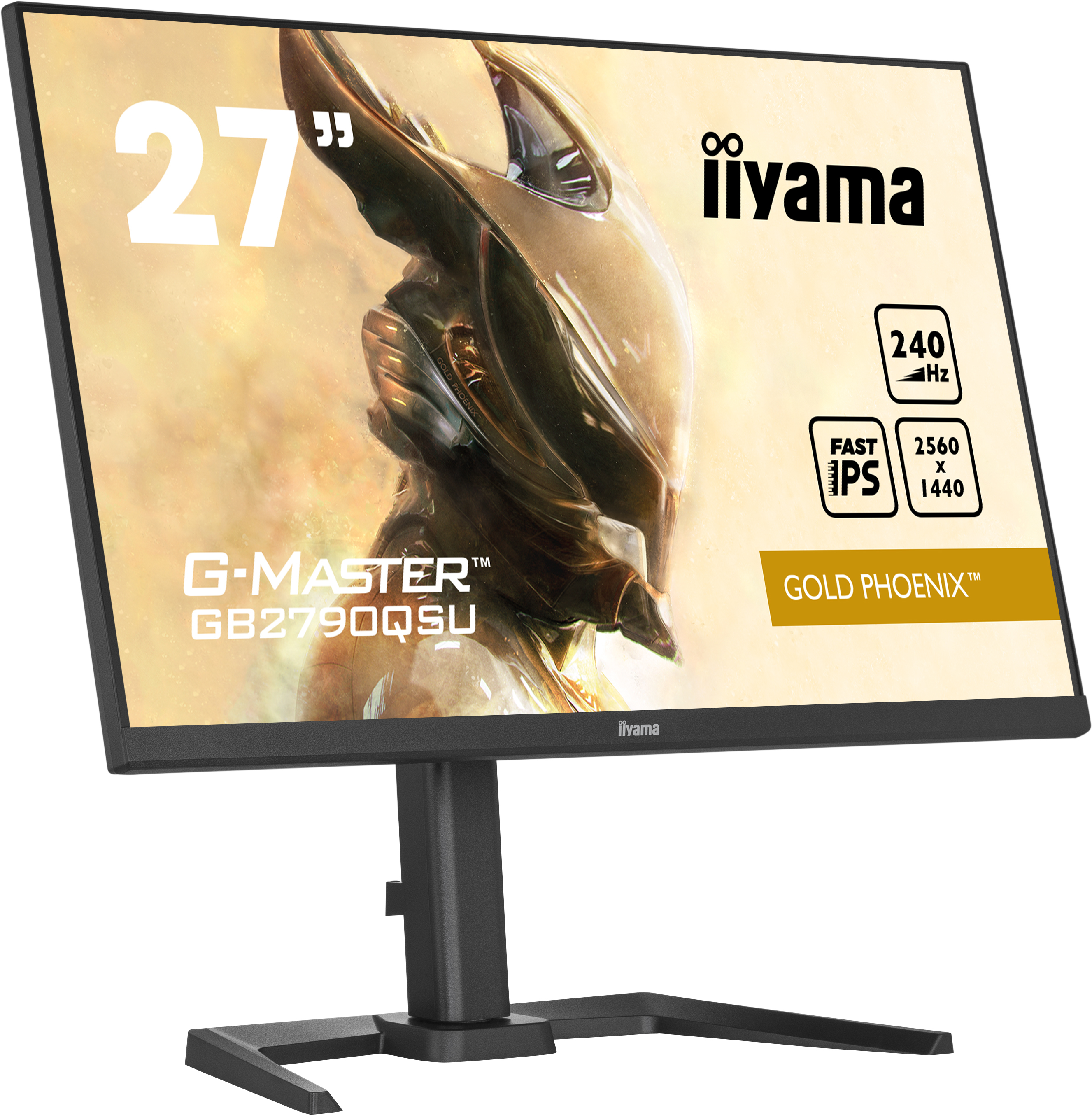 Monitor Iiyama 27" z motywem złotym, tekstem i ikonami. Czarna ramka i podstawa.