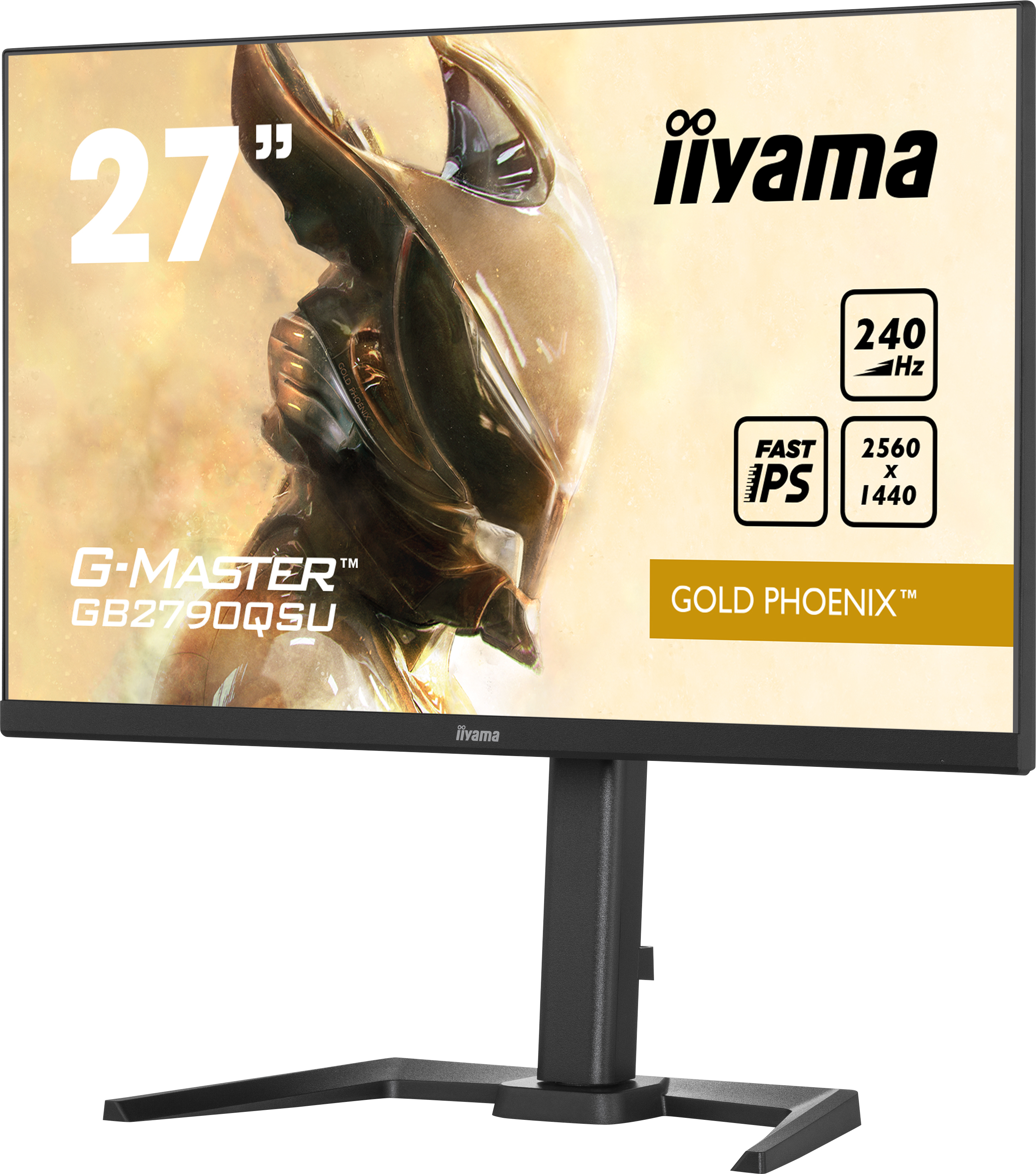 Monitor Iiyama 27 cali ze specyfikacjami, złotym obrazem na ekranie i czarną podstawą.