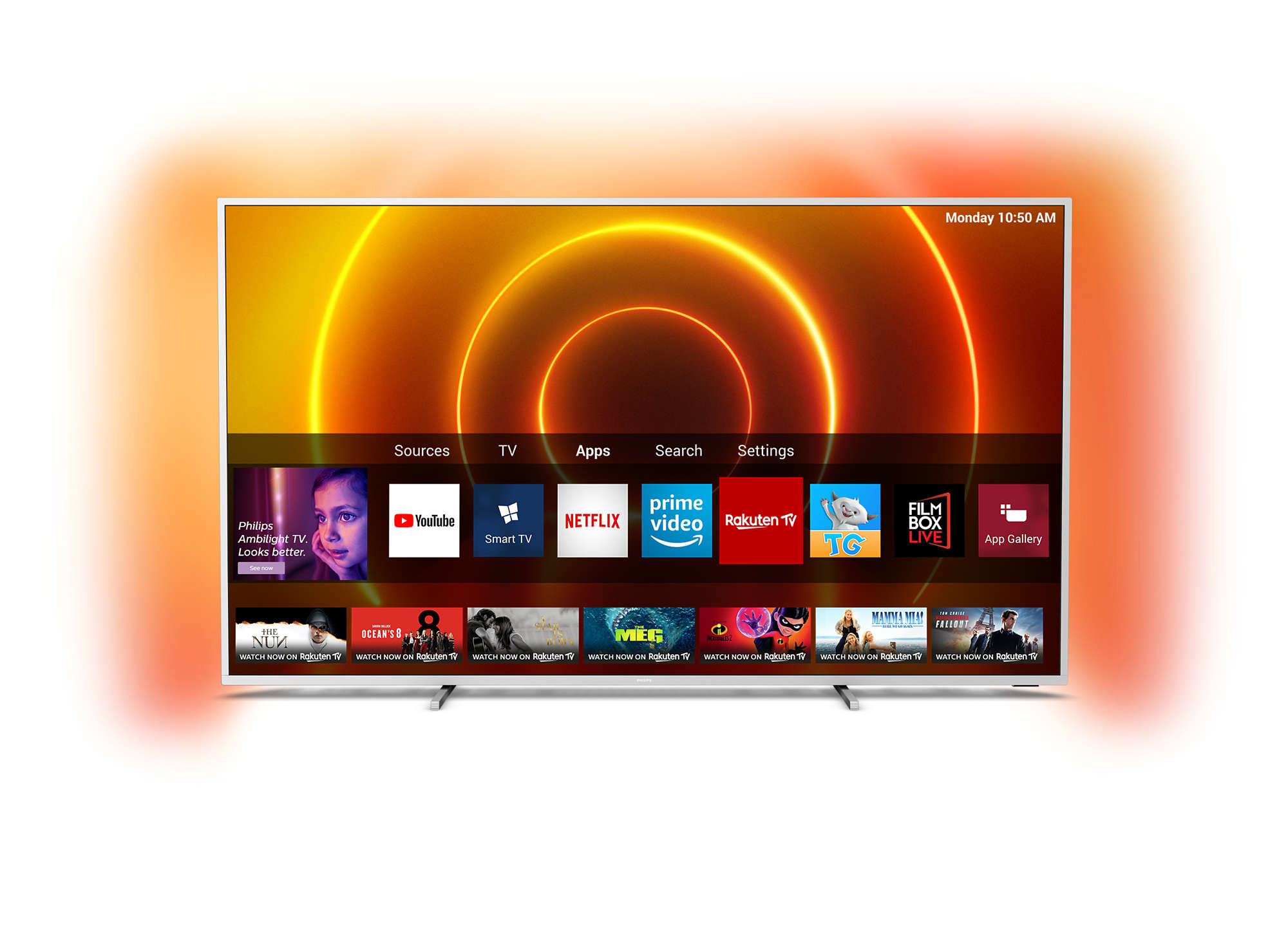 Telewizor Philips z interfejsem Smart TV, na podstawie, z widocznymi aplikacjami, pomarańczowe tło.
