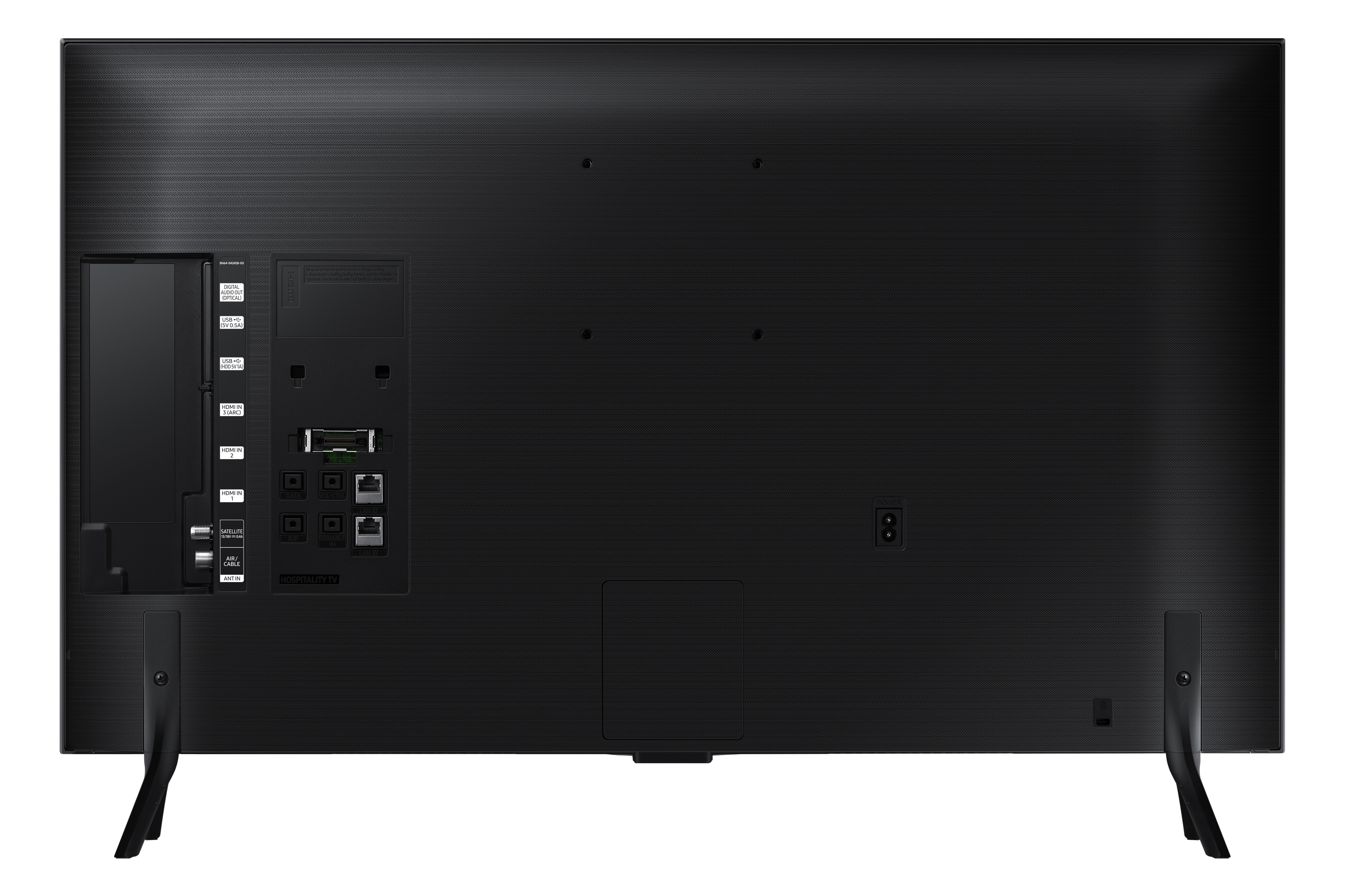 Widok z tyłu czarnego telewizora Samsung z różnymi portami i podstawą na białym tle.