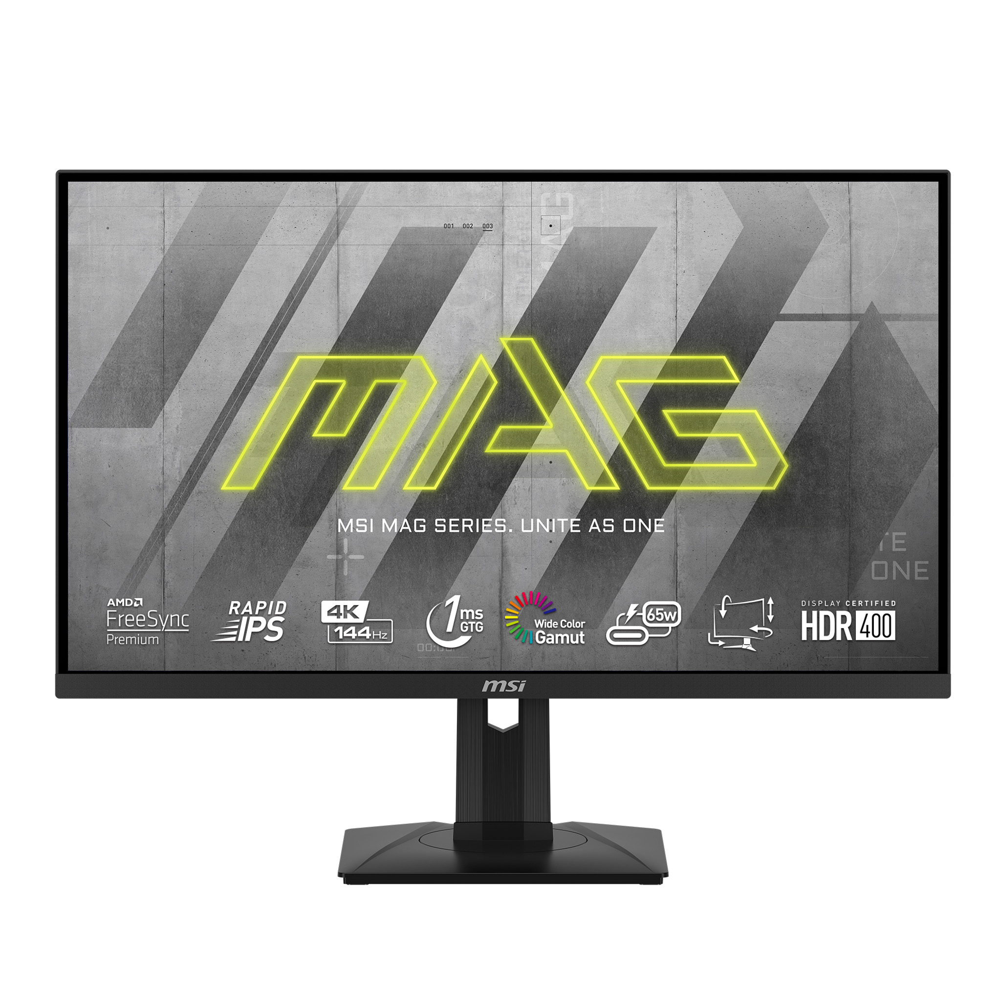 Un monitor che mostra il logo della serie MSI MAG, con varie specifiche tecniche e una base nera.