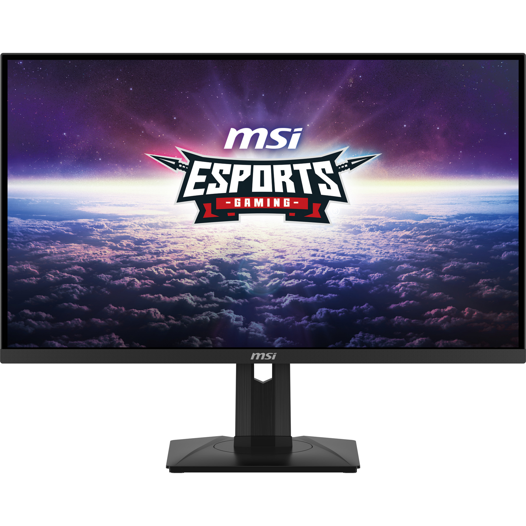 Un monitor MSI nero mostra un logo 'ESPORTS GAMING' su un cielo nuvoloso. Un supporto nero sostiene il monitor.