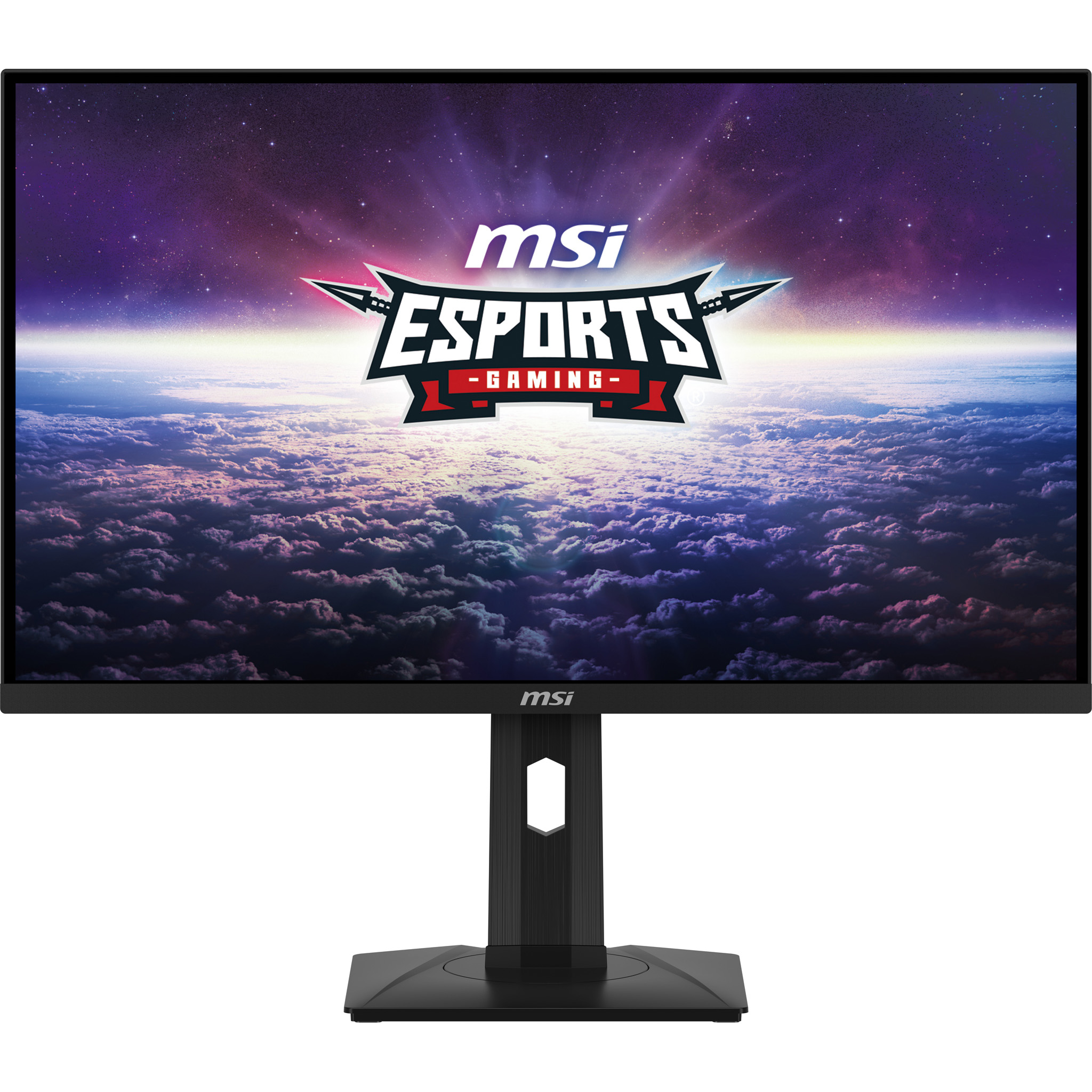 Monitor gaming MSI con sfondo spaziale e logo, su supporto nero.