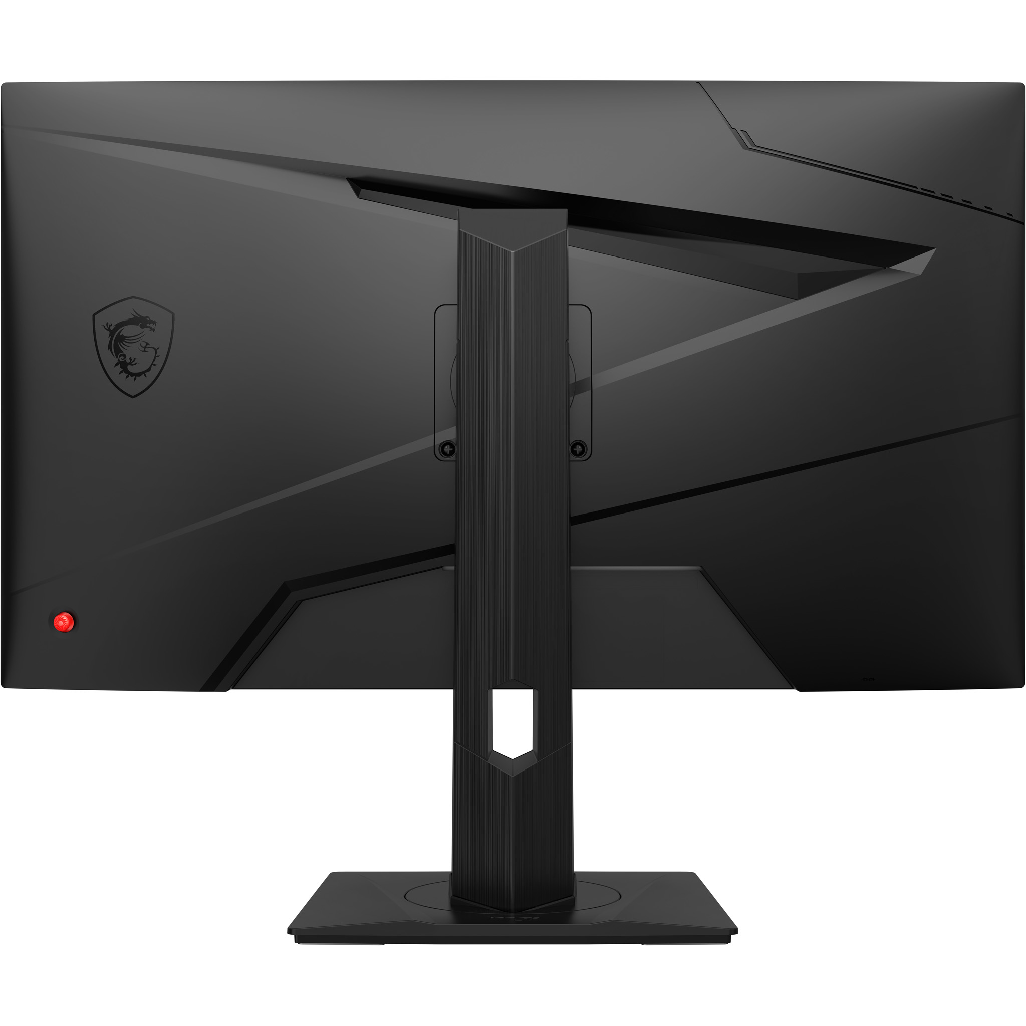 Il retro di un monitor MSI nero con il logo MSI e un supporto.
