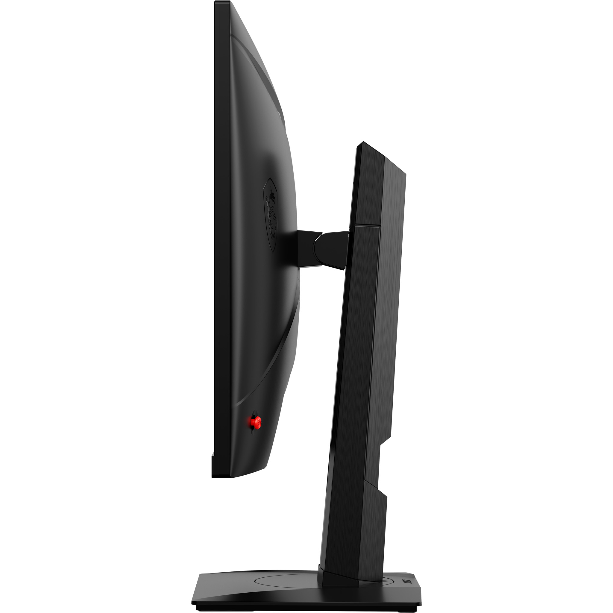 Un monitor nero è mostrato di profilo. Il supporto è fissato al centro e il retro è strutturato.