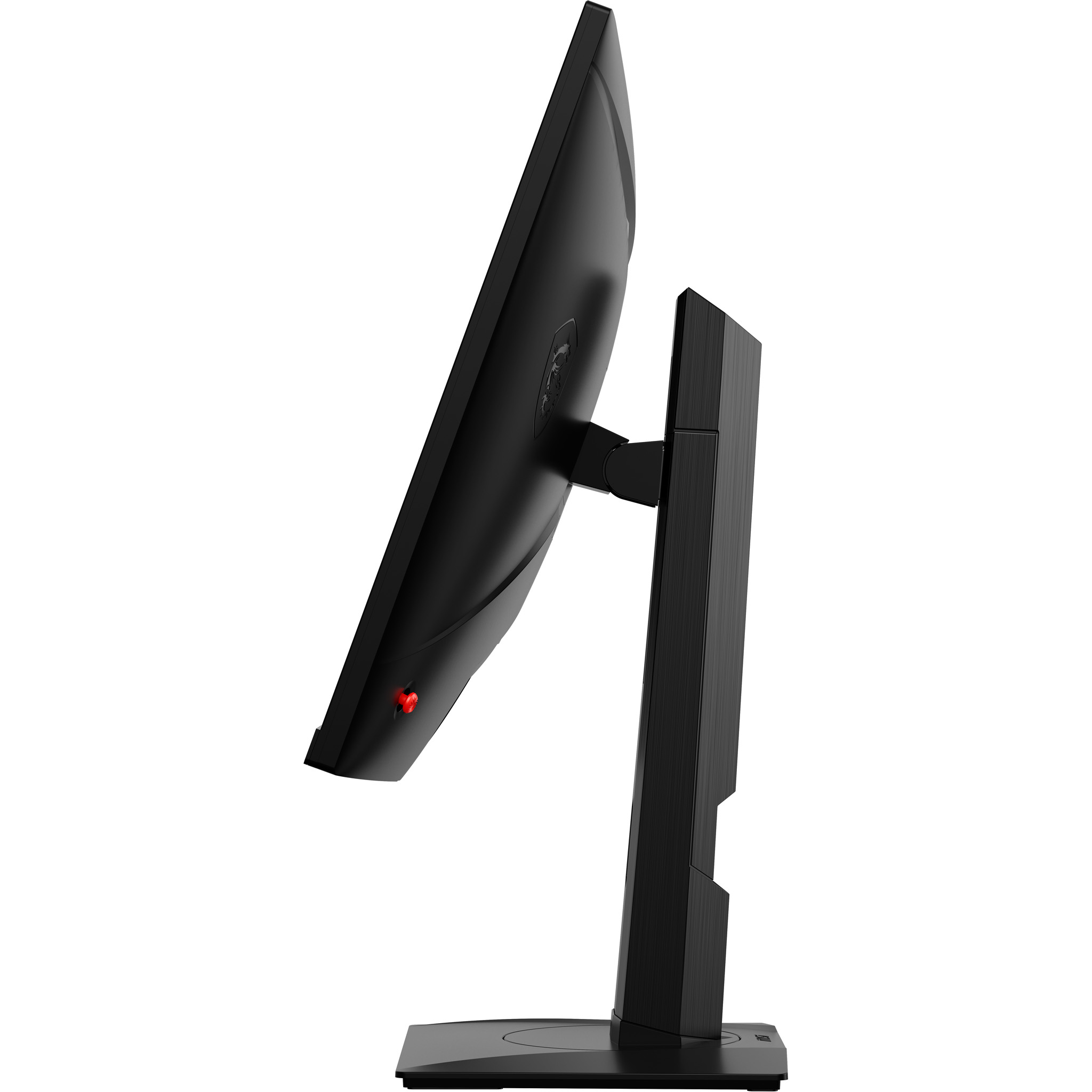 Monitor per computer nero su supporto, angolato. Pulsante rosso e logo visibili.