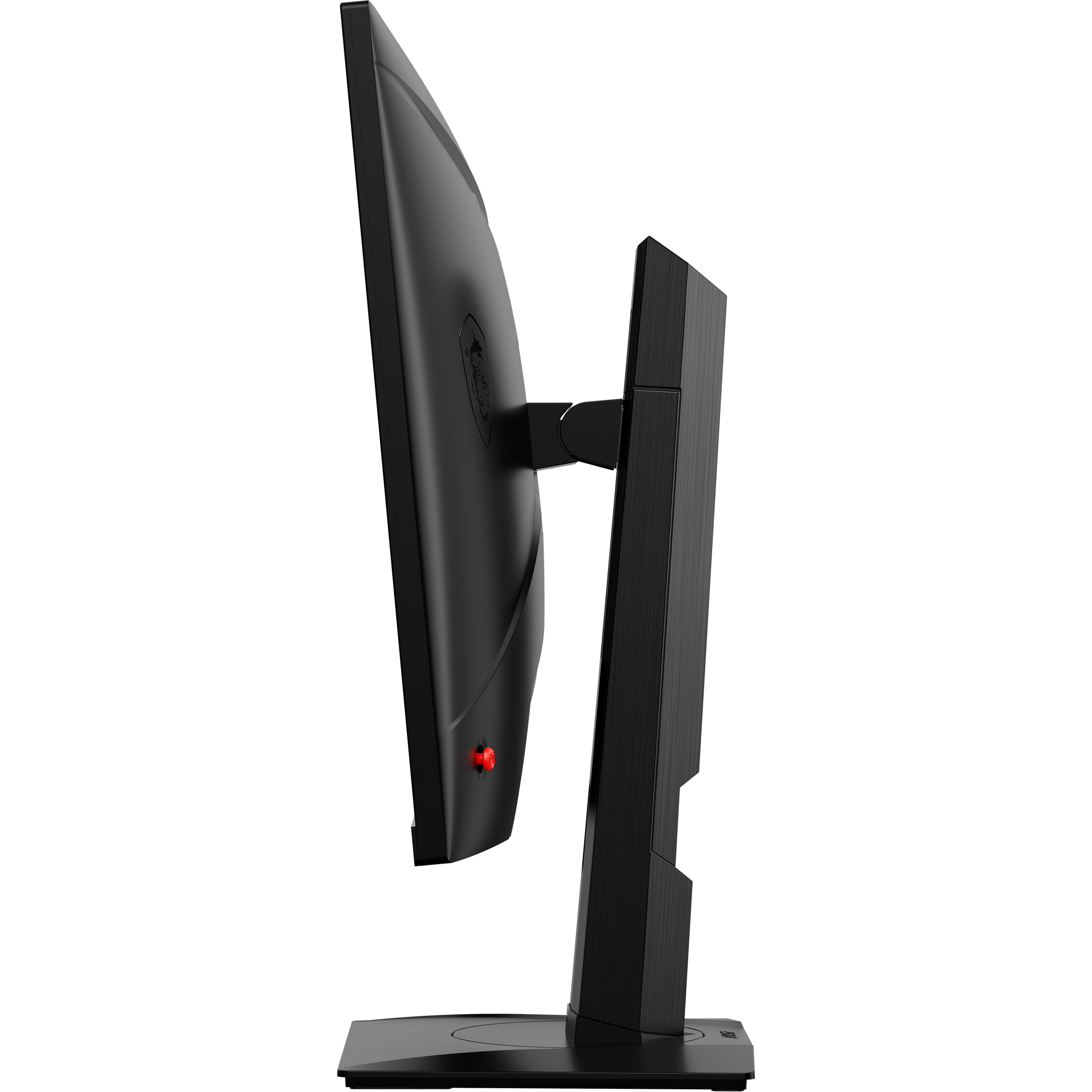 Vista laterale di un monitor nero. Il retro è nero con luce rossa e supporto.