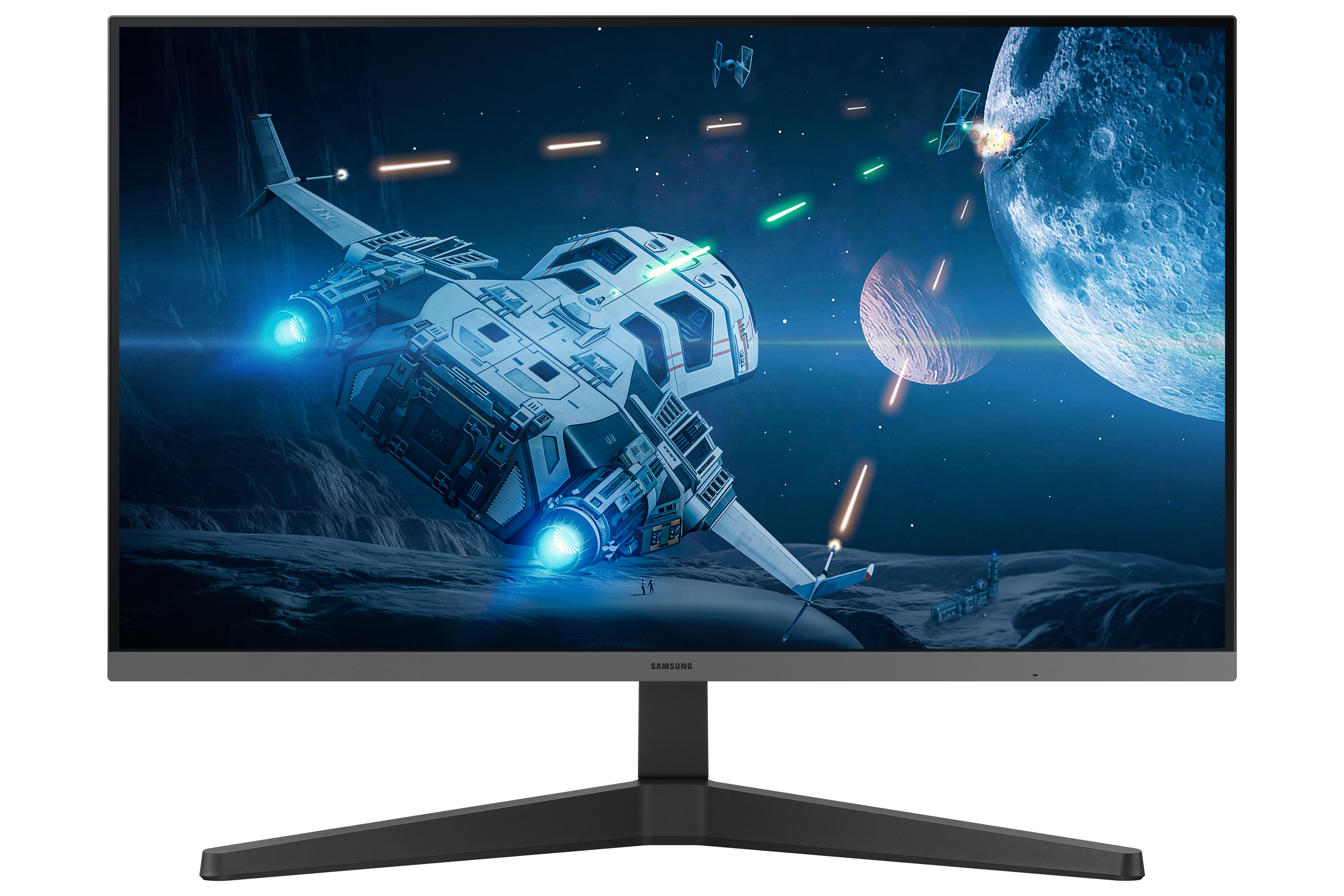 Monitor che mostra una scena spaziale con un'astronave, pianeti ed esplosioni. Cornice nera.