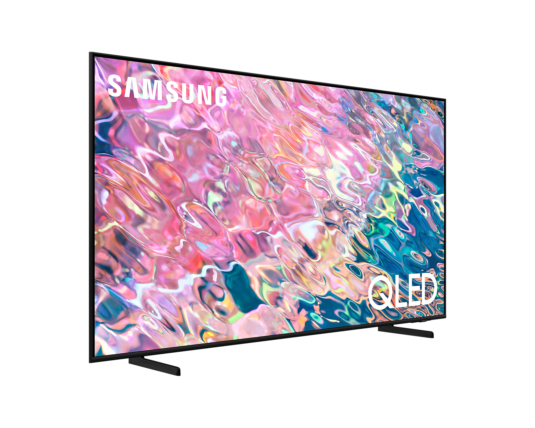 Telewizor Samsung QLED, wyświetlający kolorowy, abstrakcyjny obraz na ekranie.