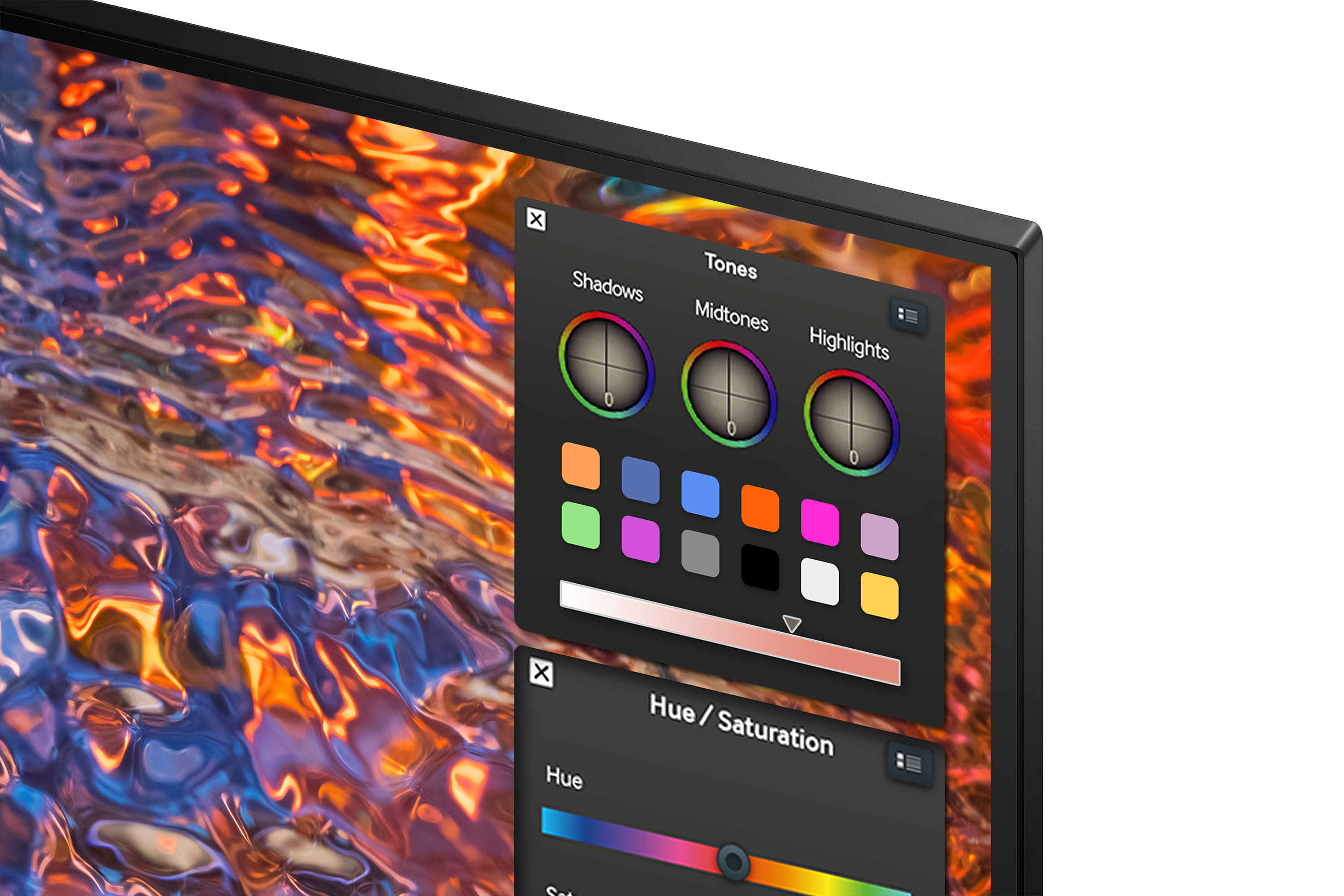 Zbliżenie ekranu telewizora z opcjami regulacji koloru.