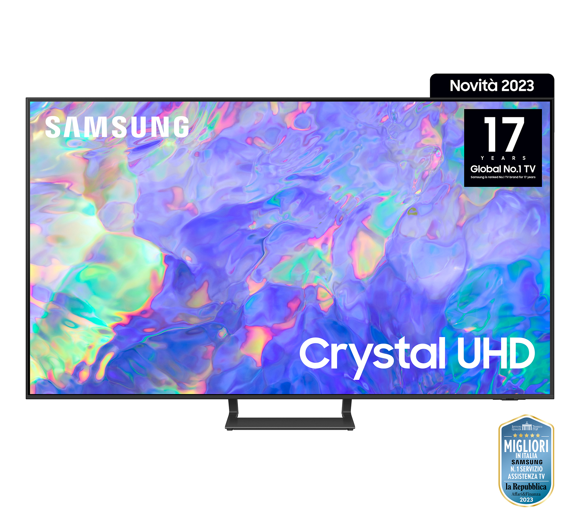 Telewizor Samsung z niebieskim tłem, czarną podstawą i tekstem 'Crystal UHD'.