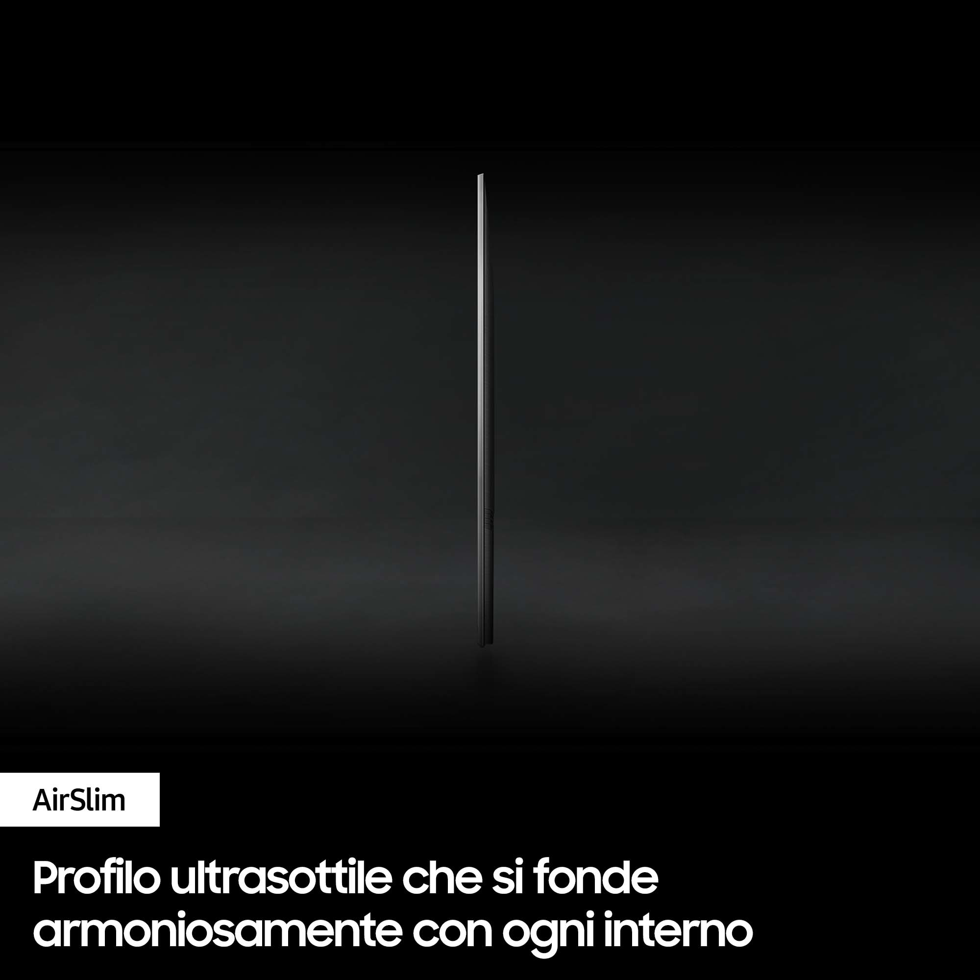 Cienki czarny profil telewizora na ciemnym tle z tekstem AirSlim i zdaniem poniżej.
