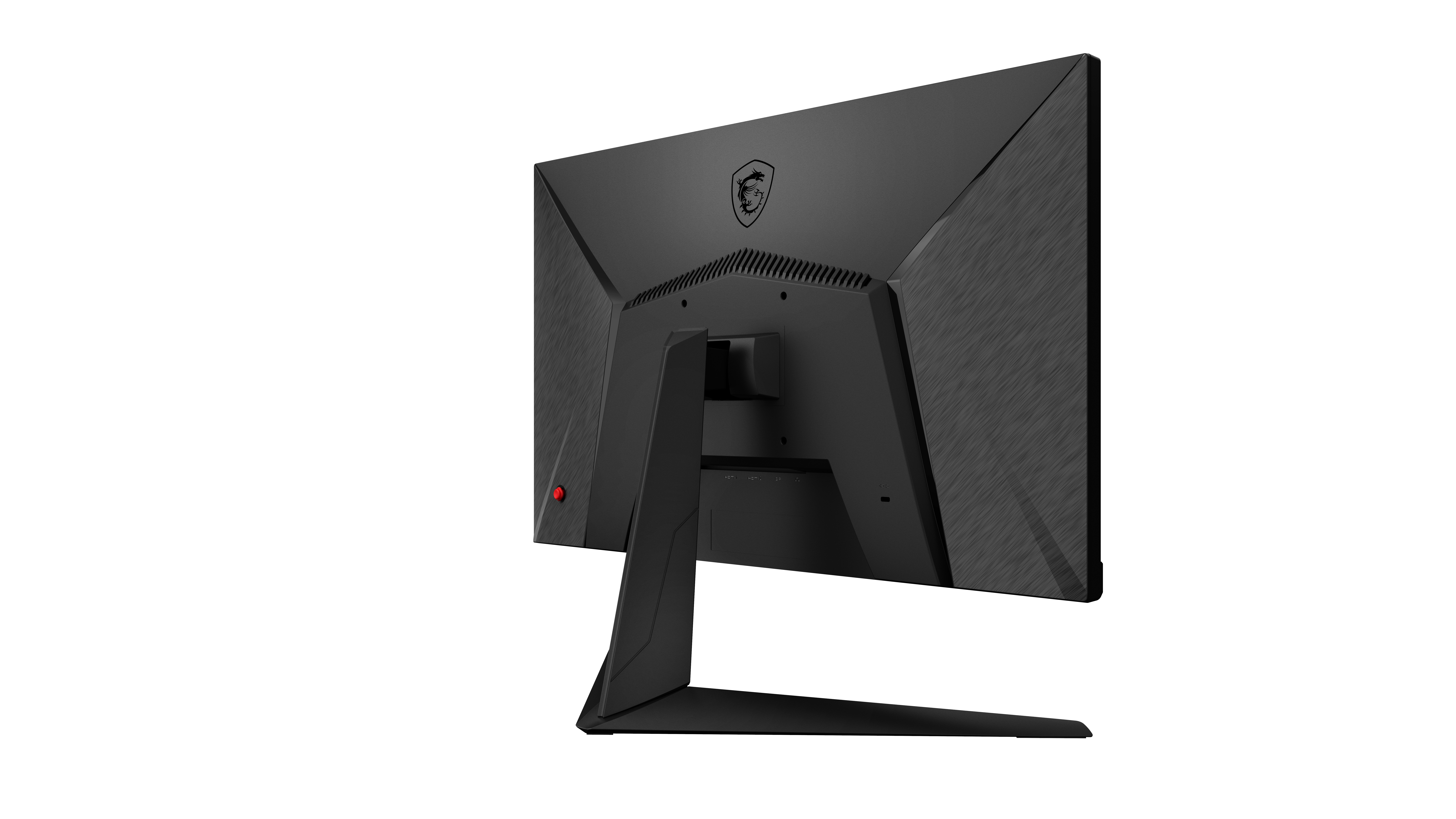 Vista posteriore di un monitor MSI nero con logo, porte e supporto. Sfondo bianco.