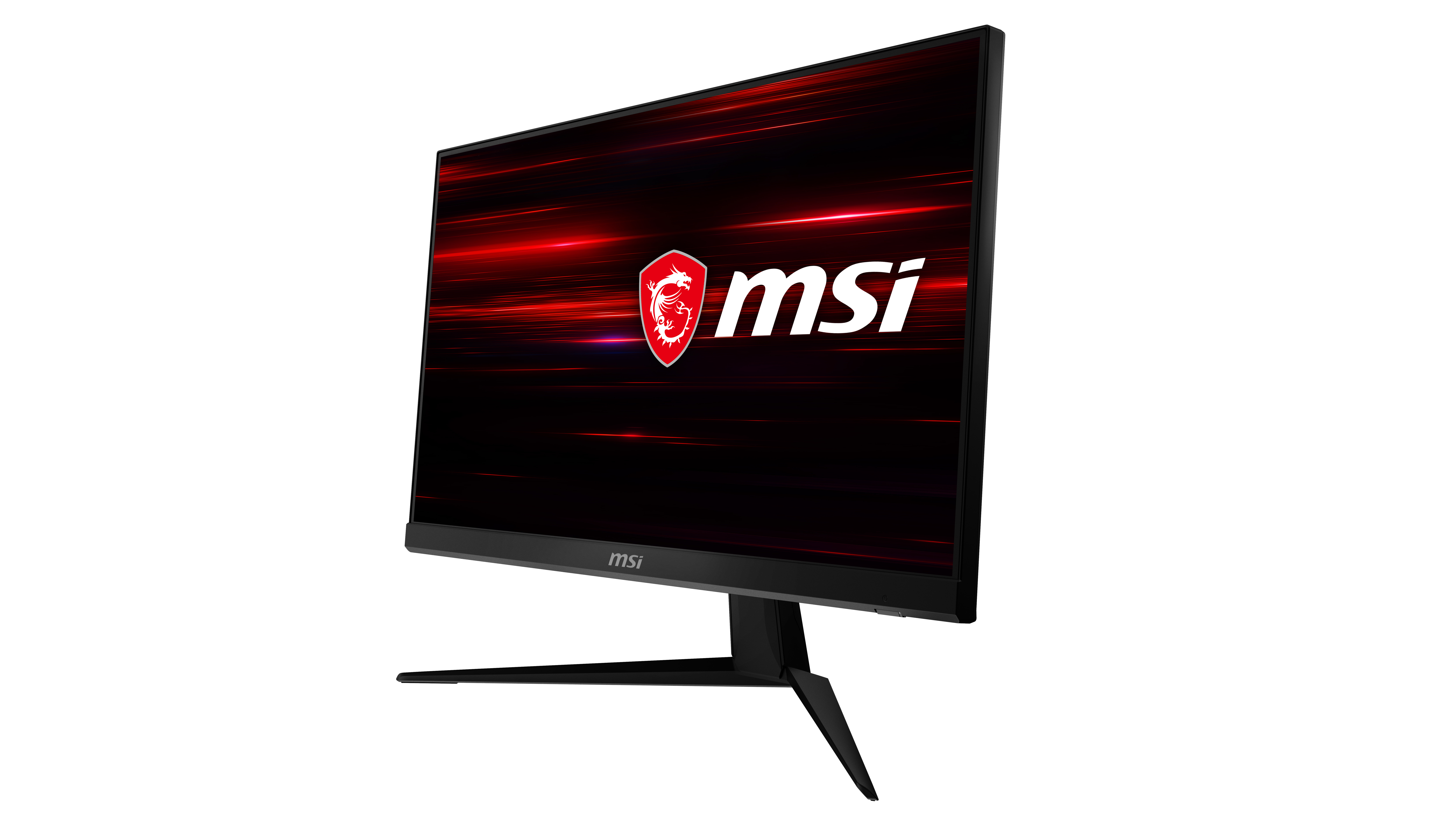 Monitor MSI con design rosso e nero, acceso, che mostra il logo MSI su sfondo nero.