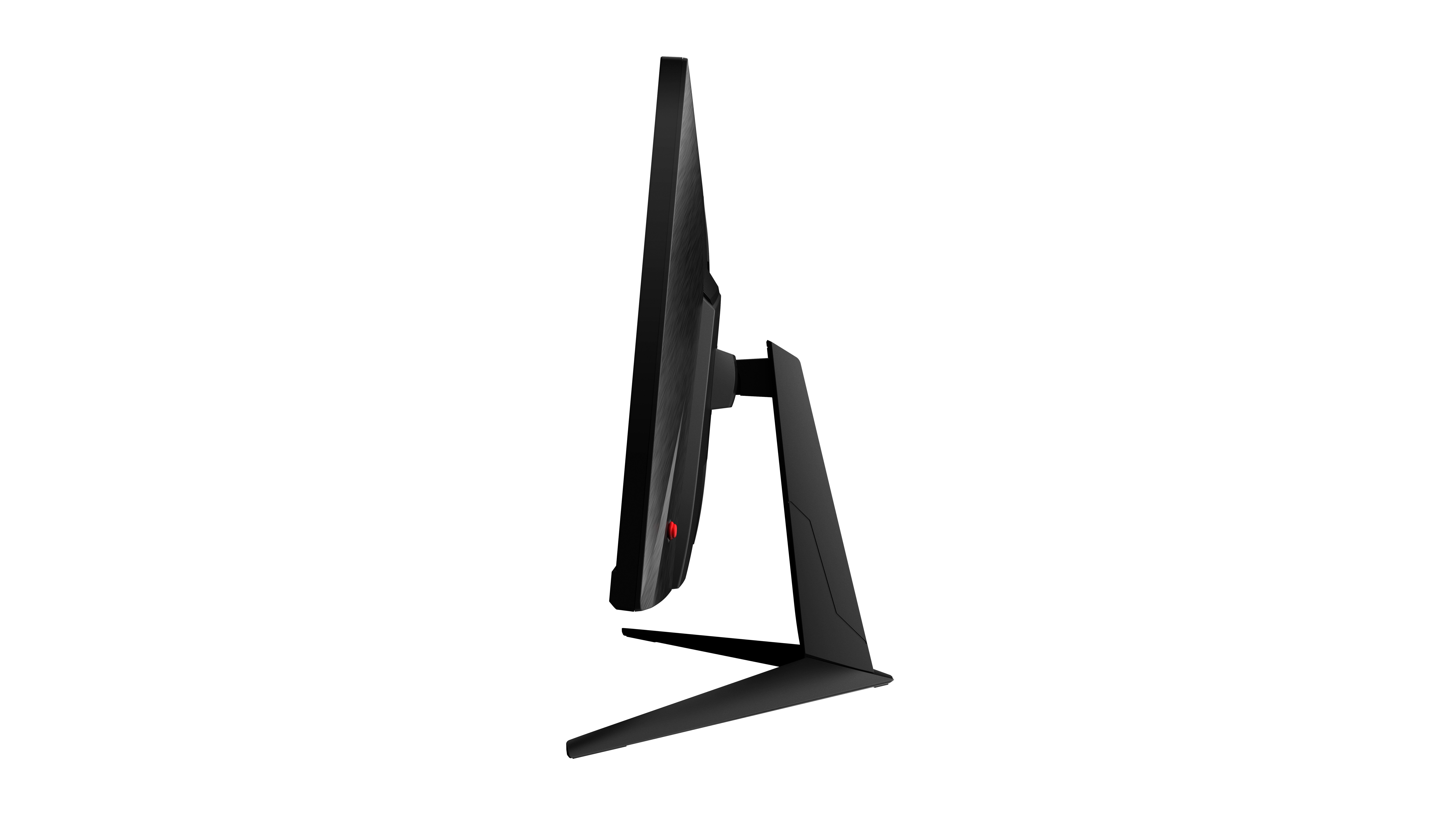 Vista laterale di un monitor nero su un supporto nero, che mostra un profilo sottile e un accento rosso.