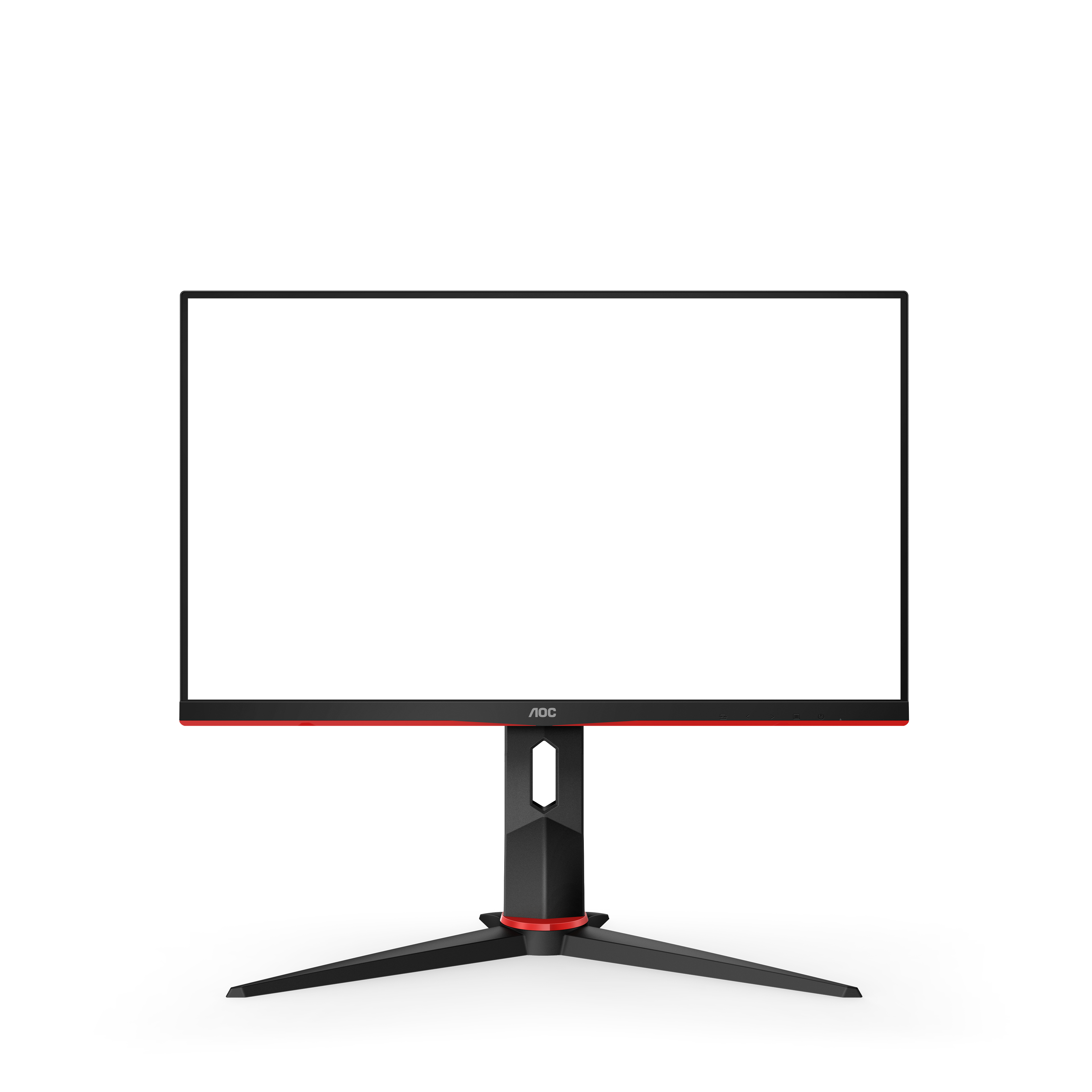 Un monitor negro con pantalla blanca y detalles rojos, sobre una superficie blanca.