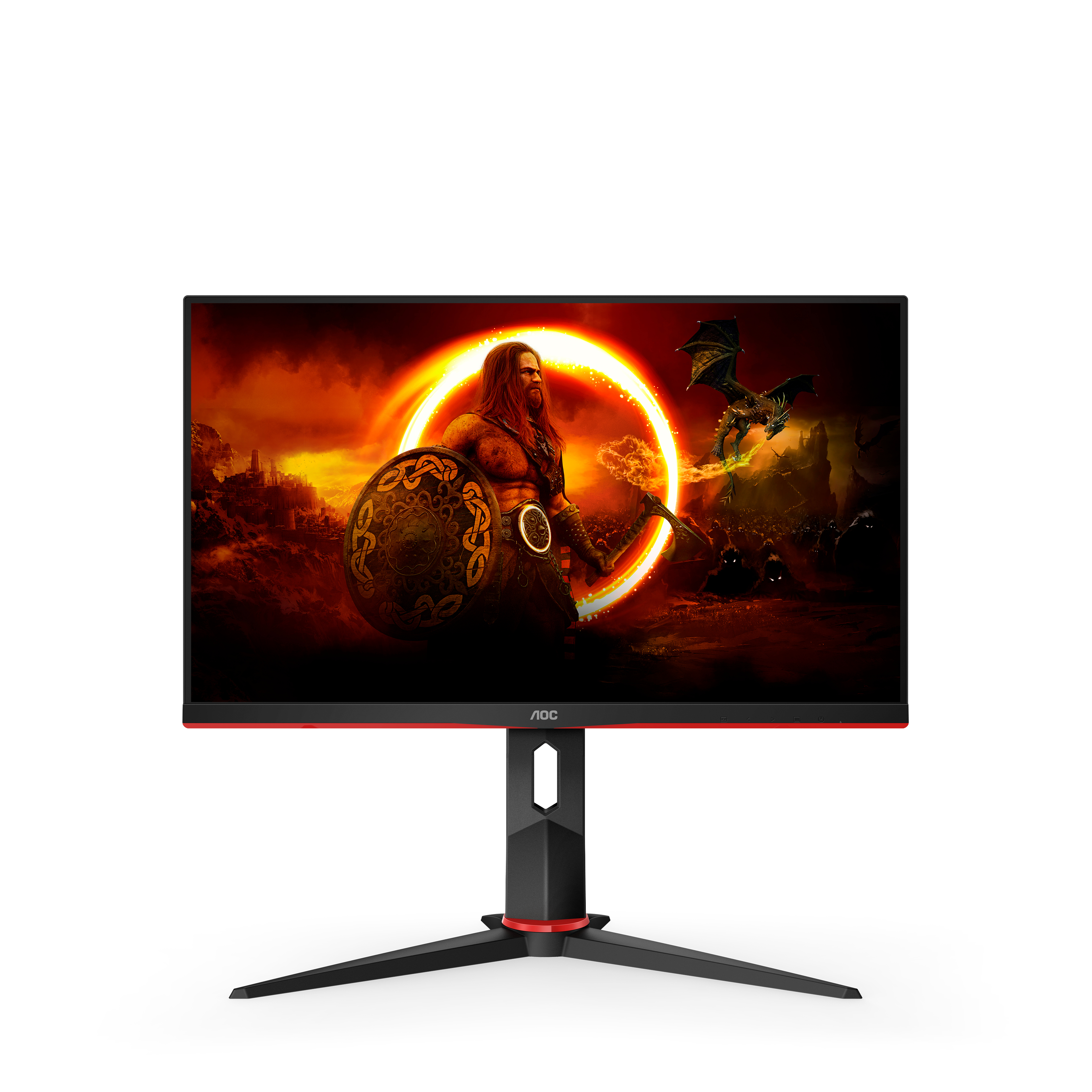 Monitor muestra un guerrero con escudo y hacha, y un dragón. Fondo rojo y naranja.