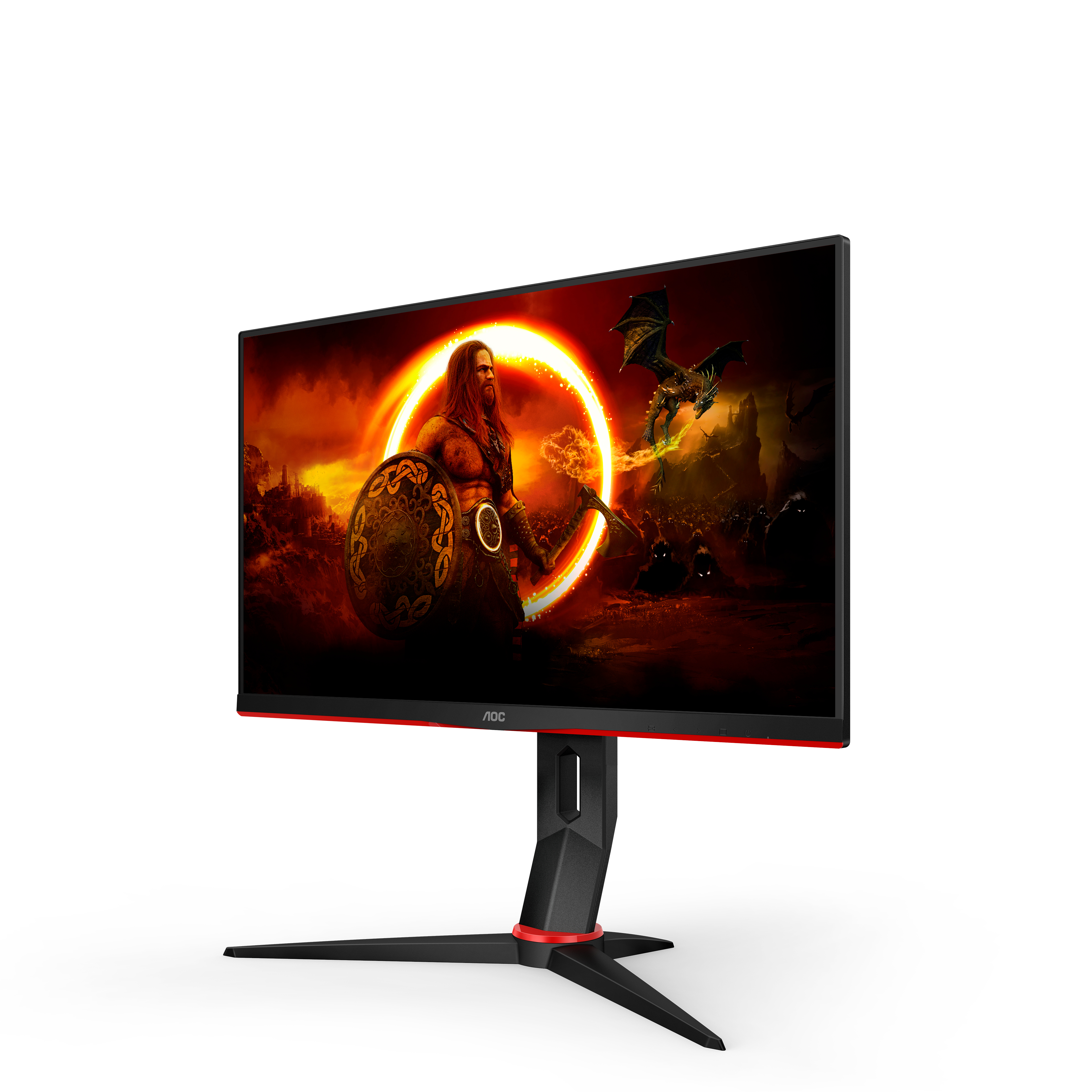 Monitor de juegos negro con detalles rojos, mostrando una escena de batalla fantástica.