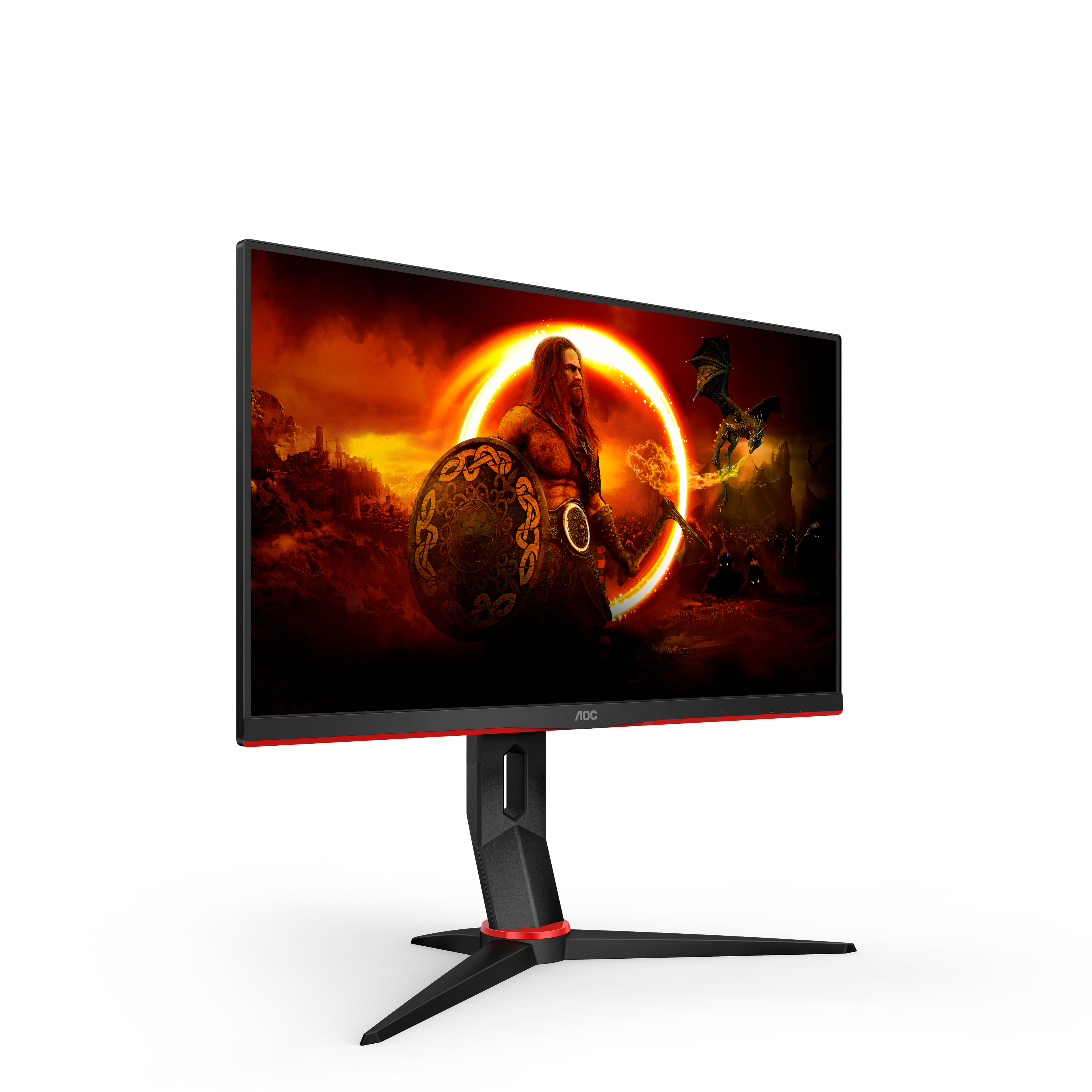 Un monitor gaming muestra una escena de batalla con un guerrero y un fondo de fuego.