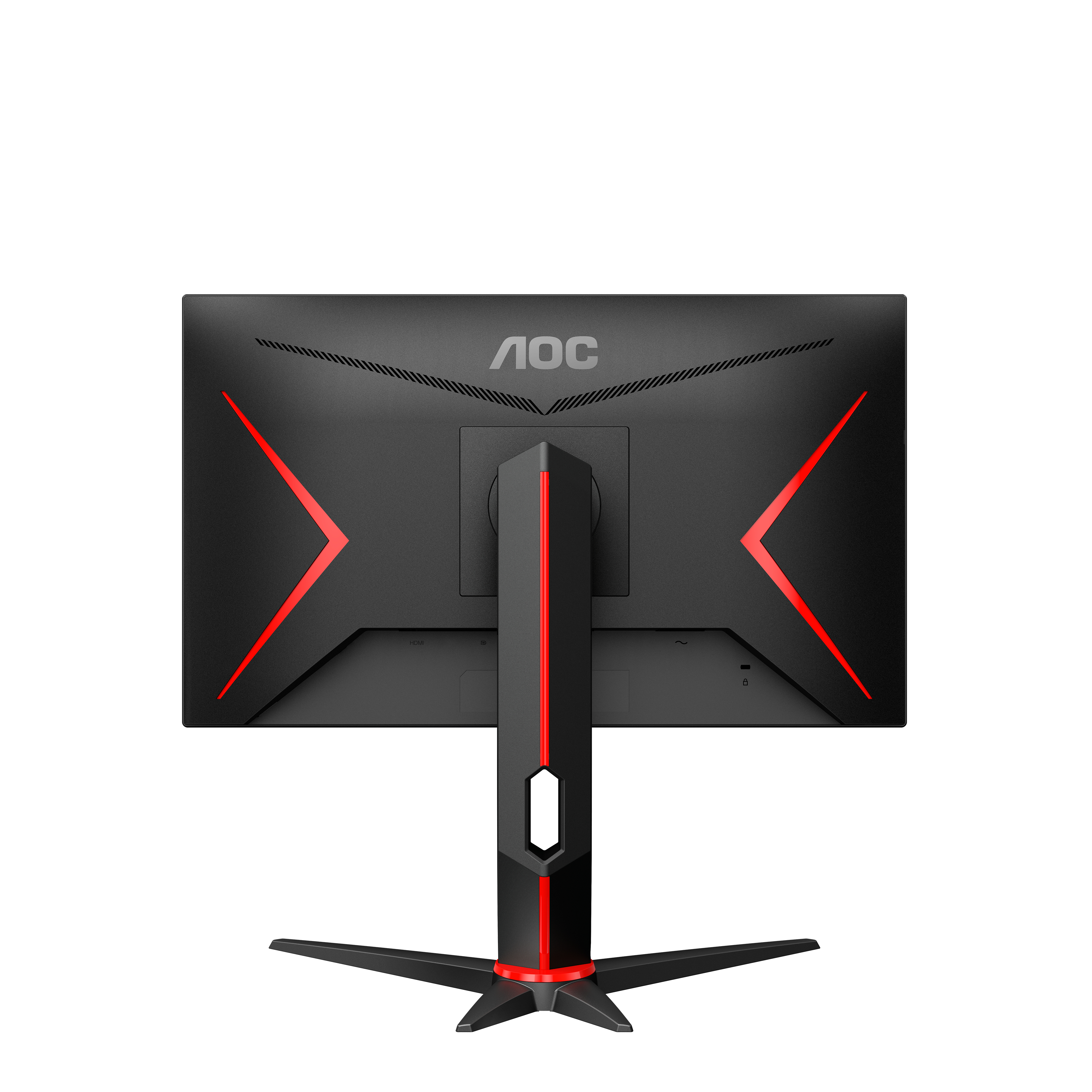 La parte trasera de un monitor AOC, negro con acentos rojos y un soporte.