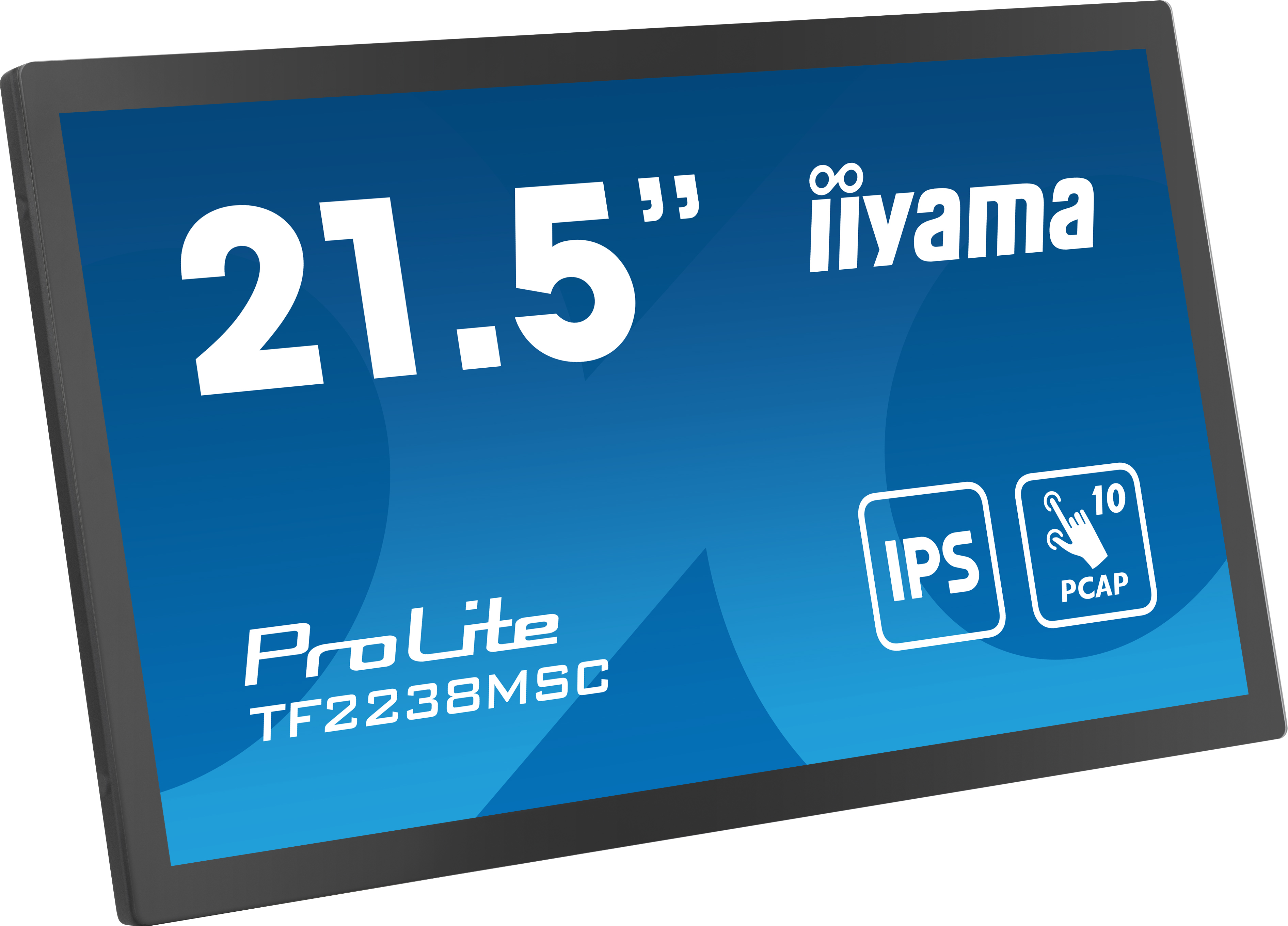 Monitor iiYama ProLite 21,5". Posiada panel IPS i obsługuje dotyk PCAP. Ekran jest niebieski.