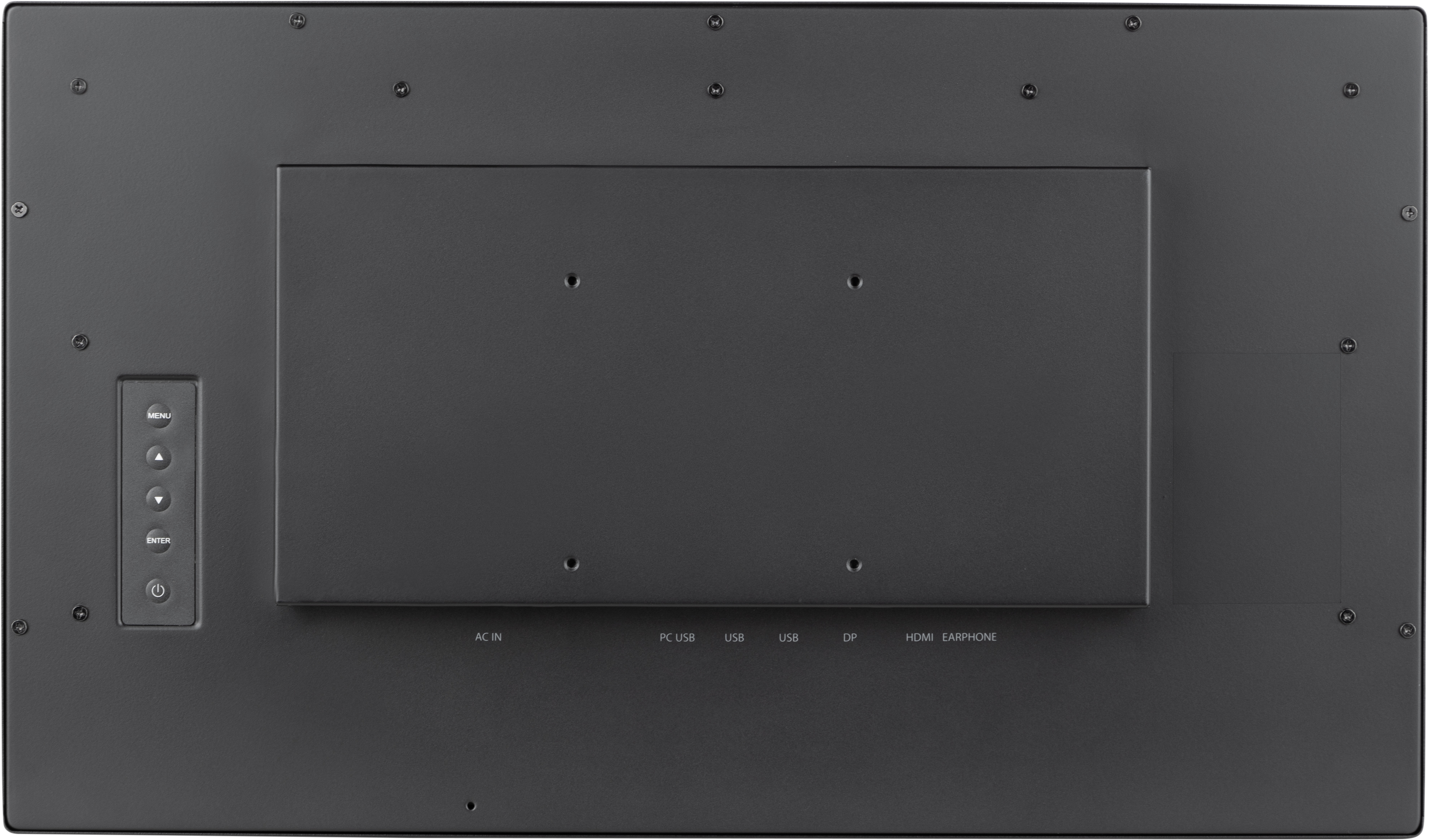 Czarny tył monitora z przyciskami sterowania i portami oznaczonymi AC IN, USB, DP, HDMI i słuchawki.