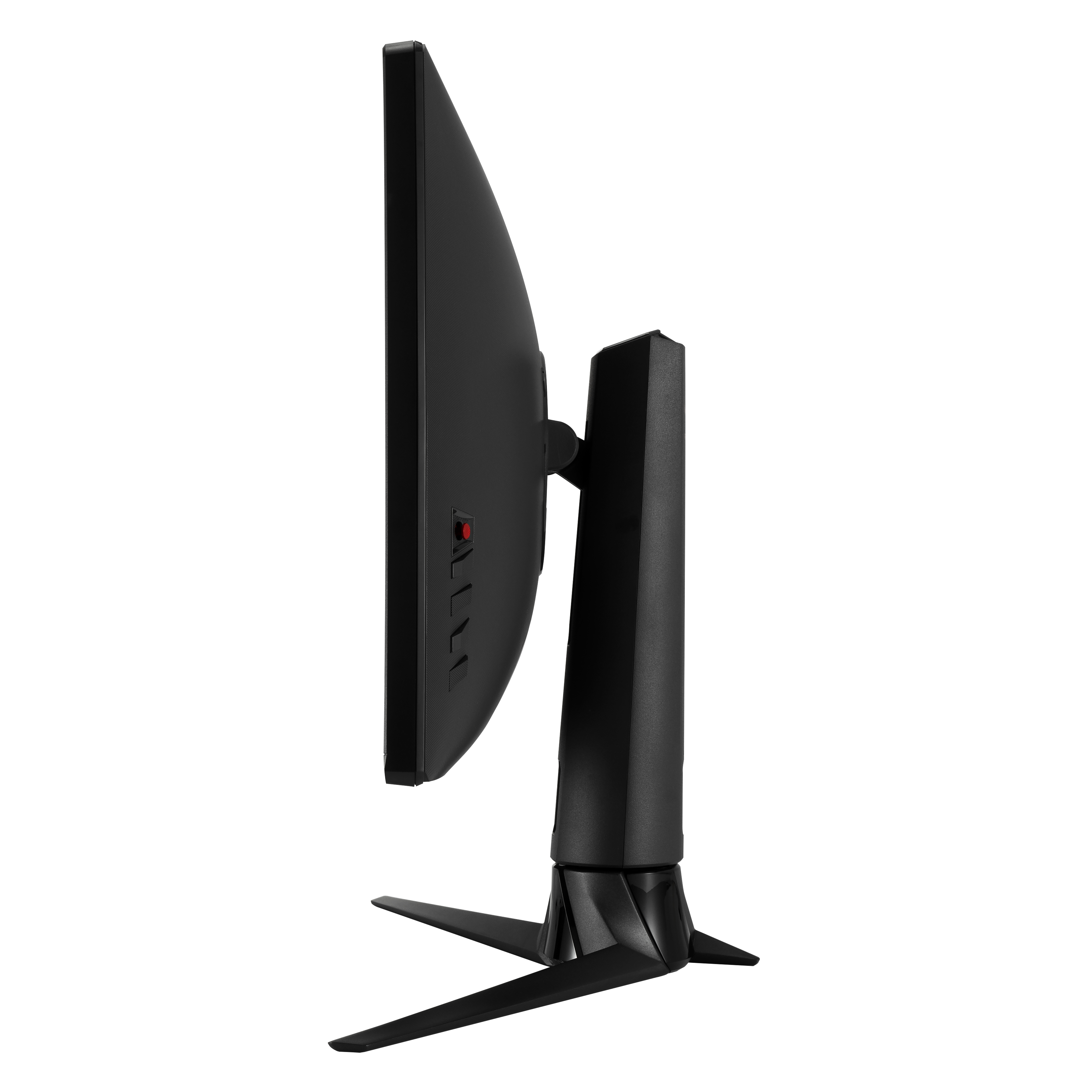 Vista laterale di un monitor nero con supporto, che mostra il profilo.