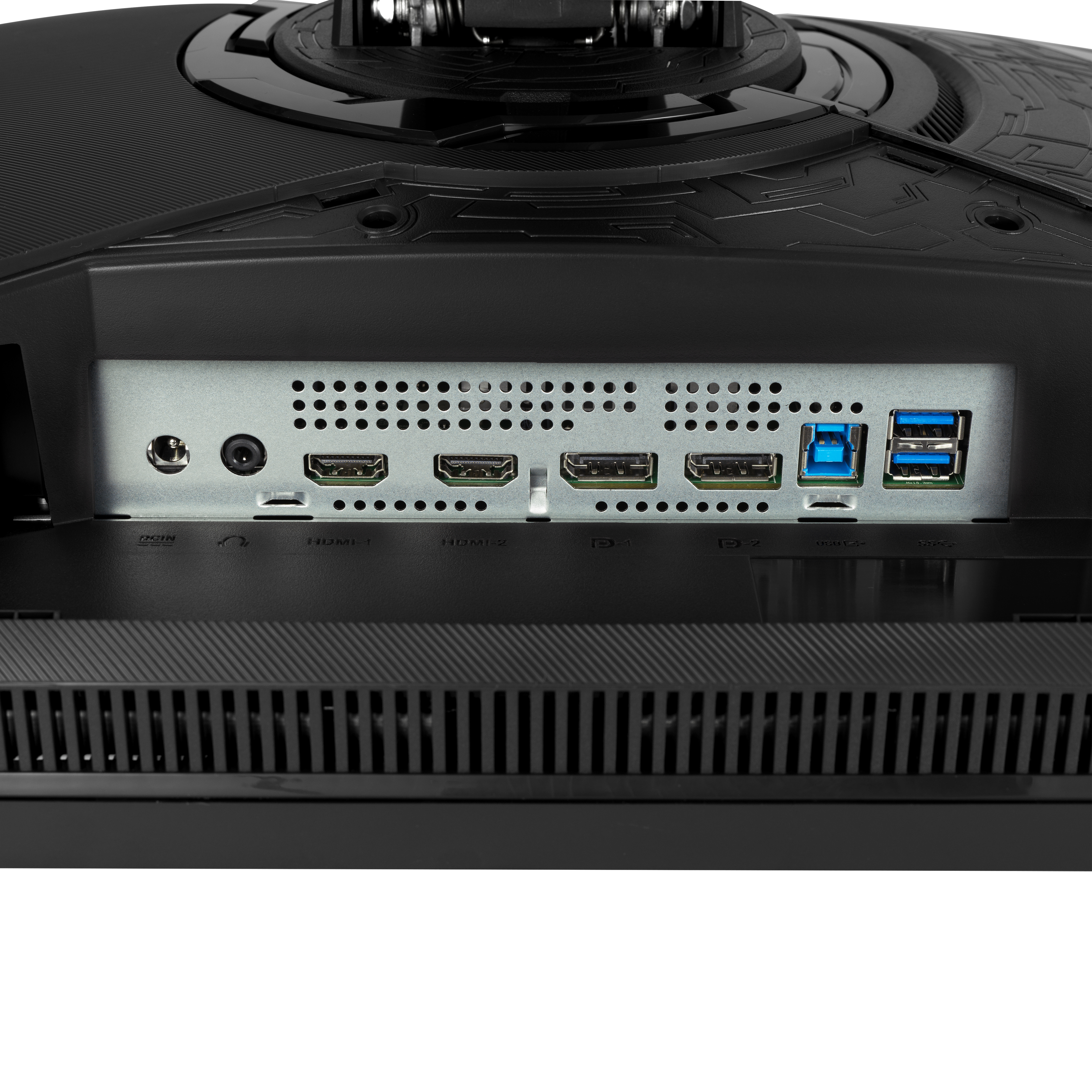 Primo piano del retro di un monitor nero con varie porte: HDMI, USB, ingresso alimentazione.