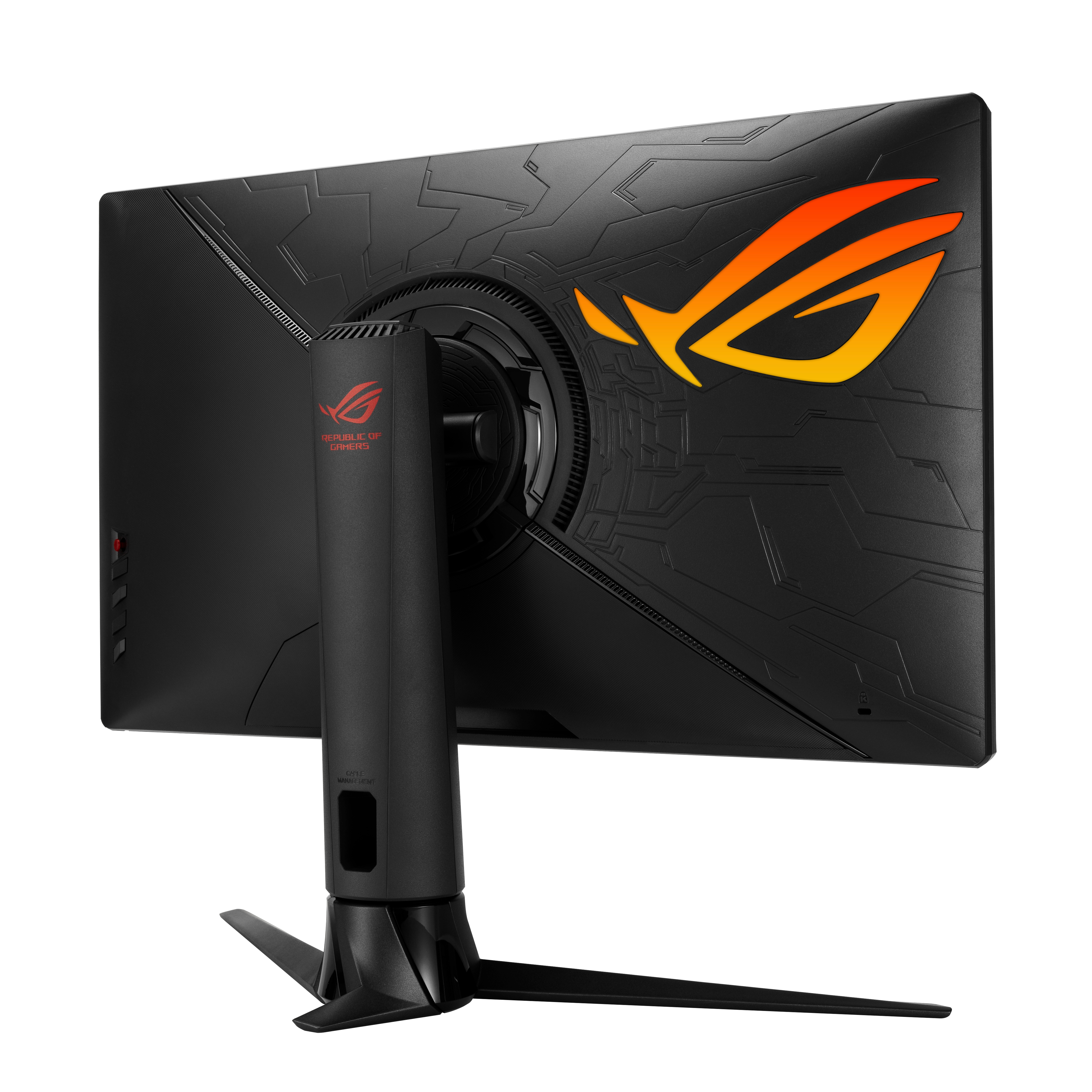 Retro di un monitor con logo ROG e supporto, colori nero e rosso.