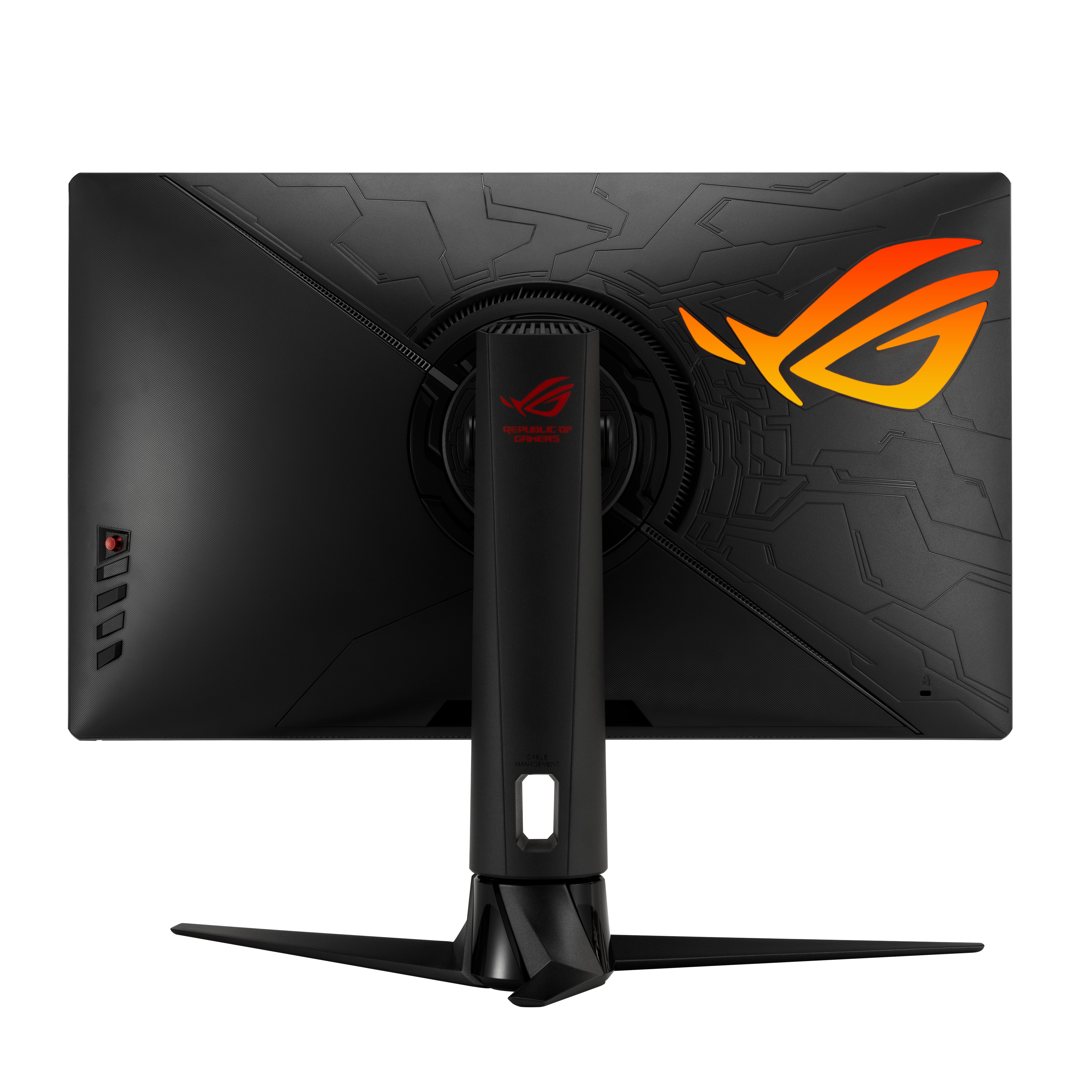 Vista posteriore di un monitor, con logo e design ROG, nero e arancione.
