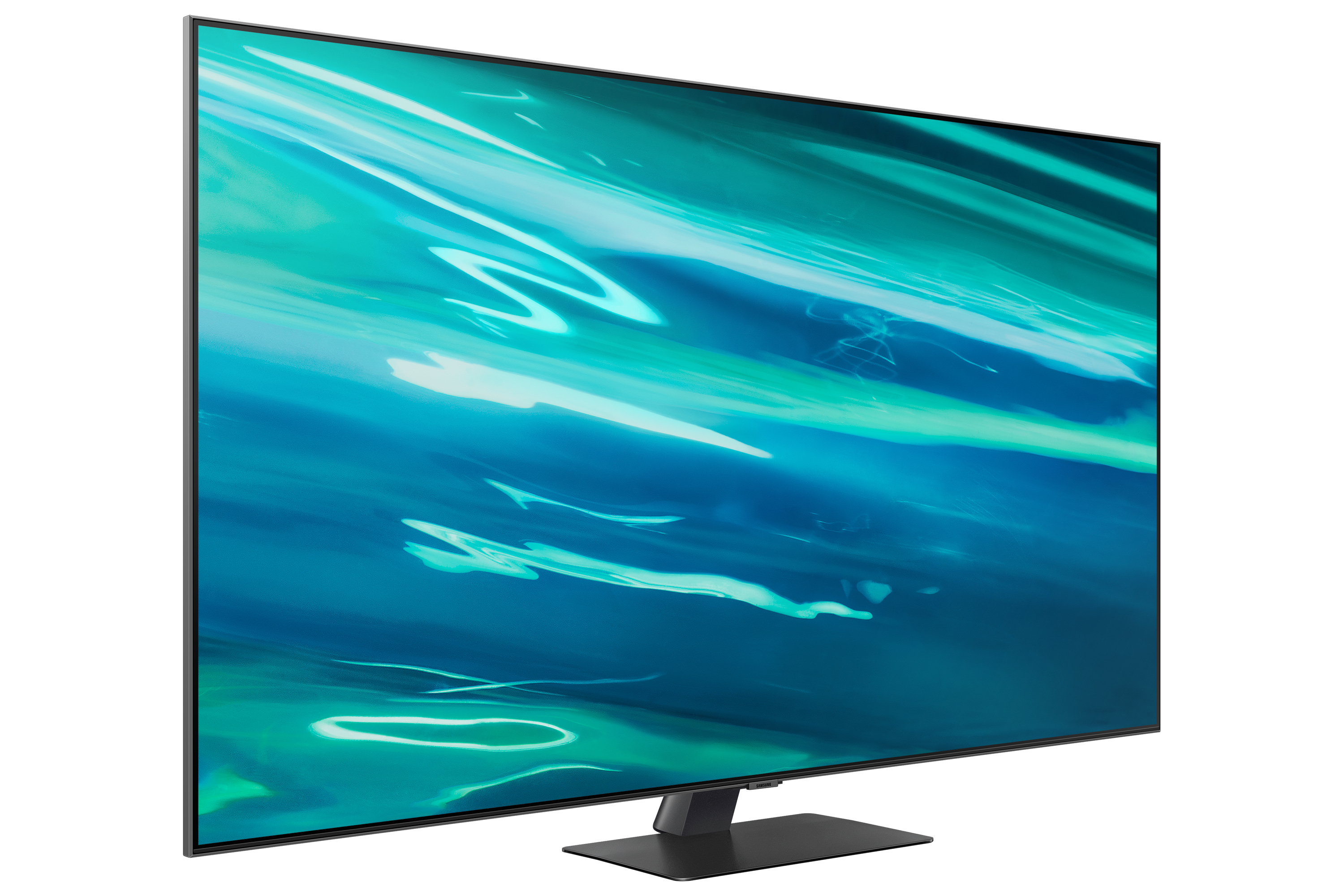 Telewizor Samsung wyświetlający scenę z niebieską i zieloną wodą. Telewizor na podstawie.