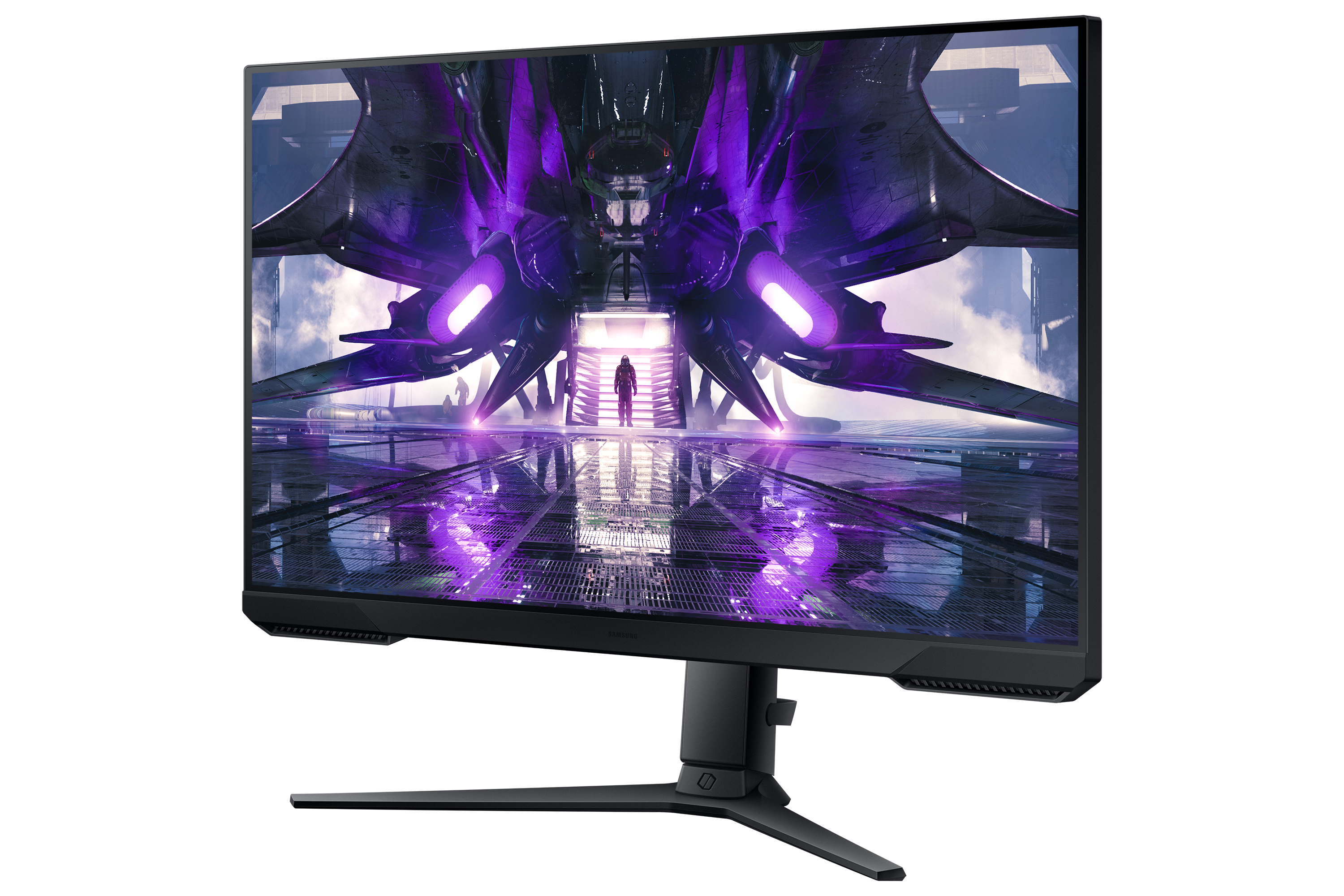 Een gamingmonitor met een futuristische scène van een ruimteschip en een figuur in paars en zwart.