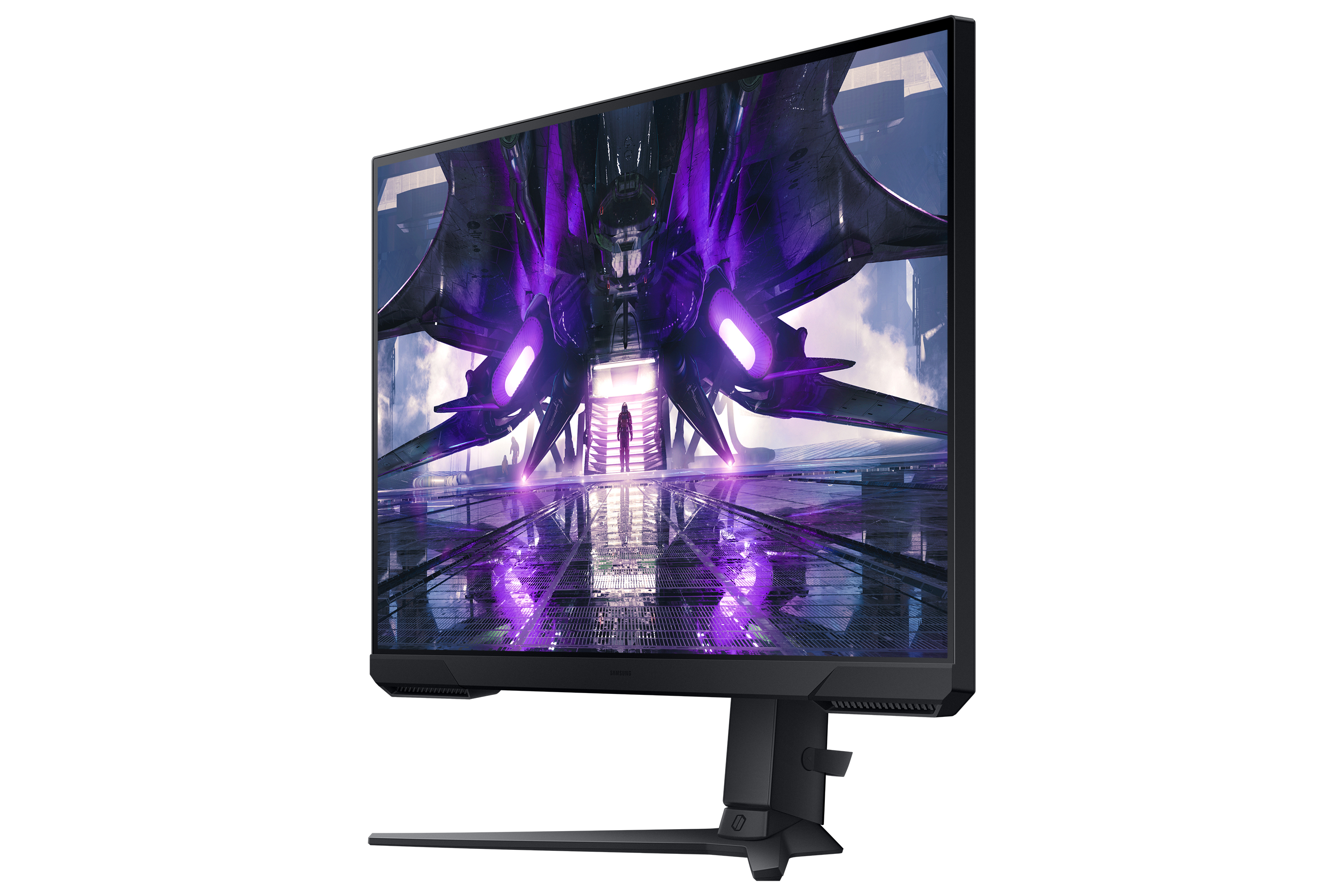 Een Samsung-monitor toont een ruimteschipinterieur met paarse en witte lichten op een witte achtergrond.