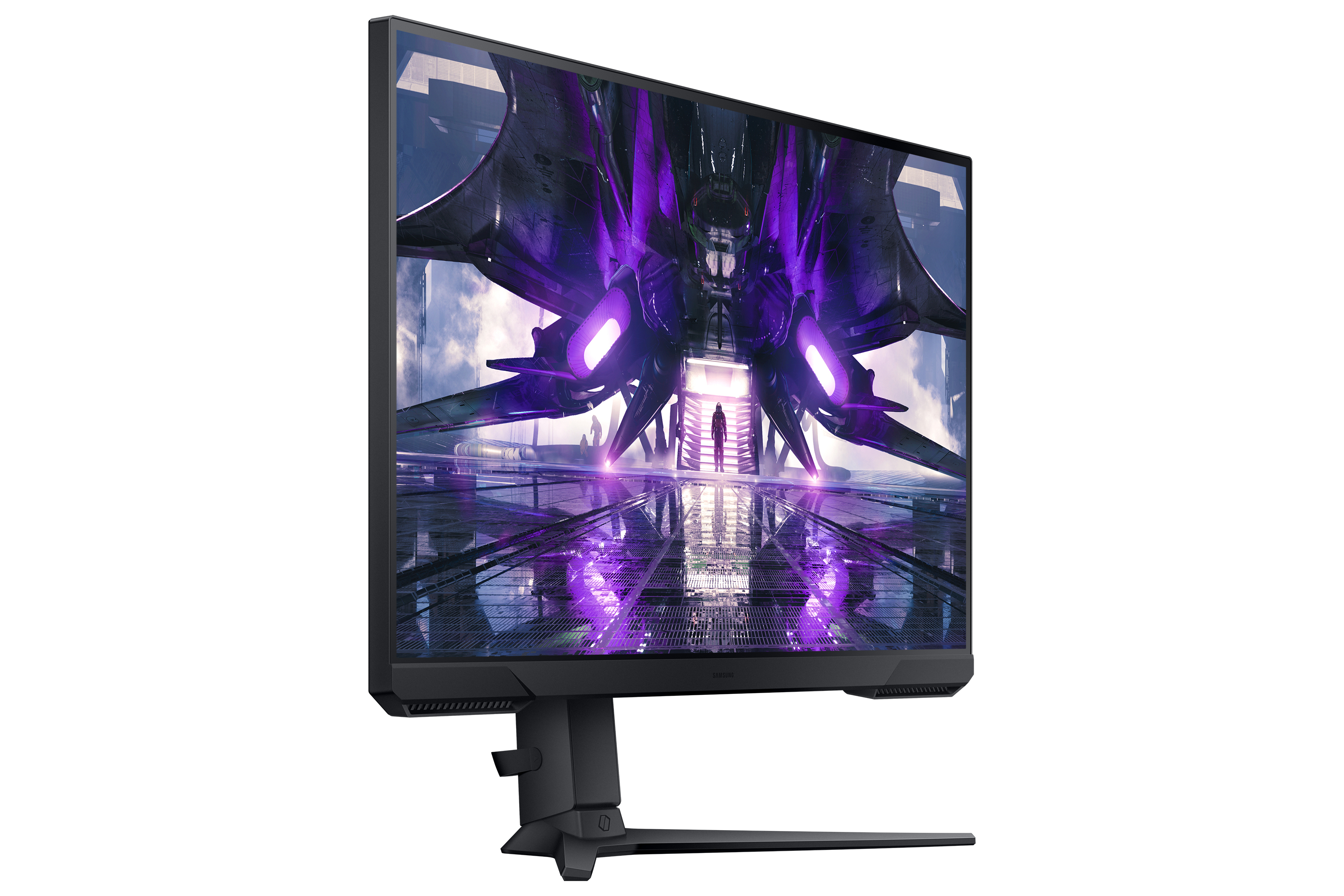 Gaming monitor met een futuristische scène op het scherm. Zwart en paars domineren.