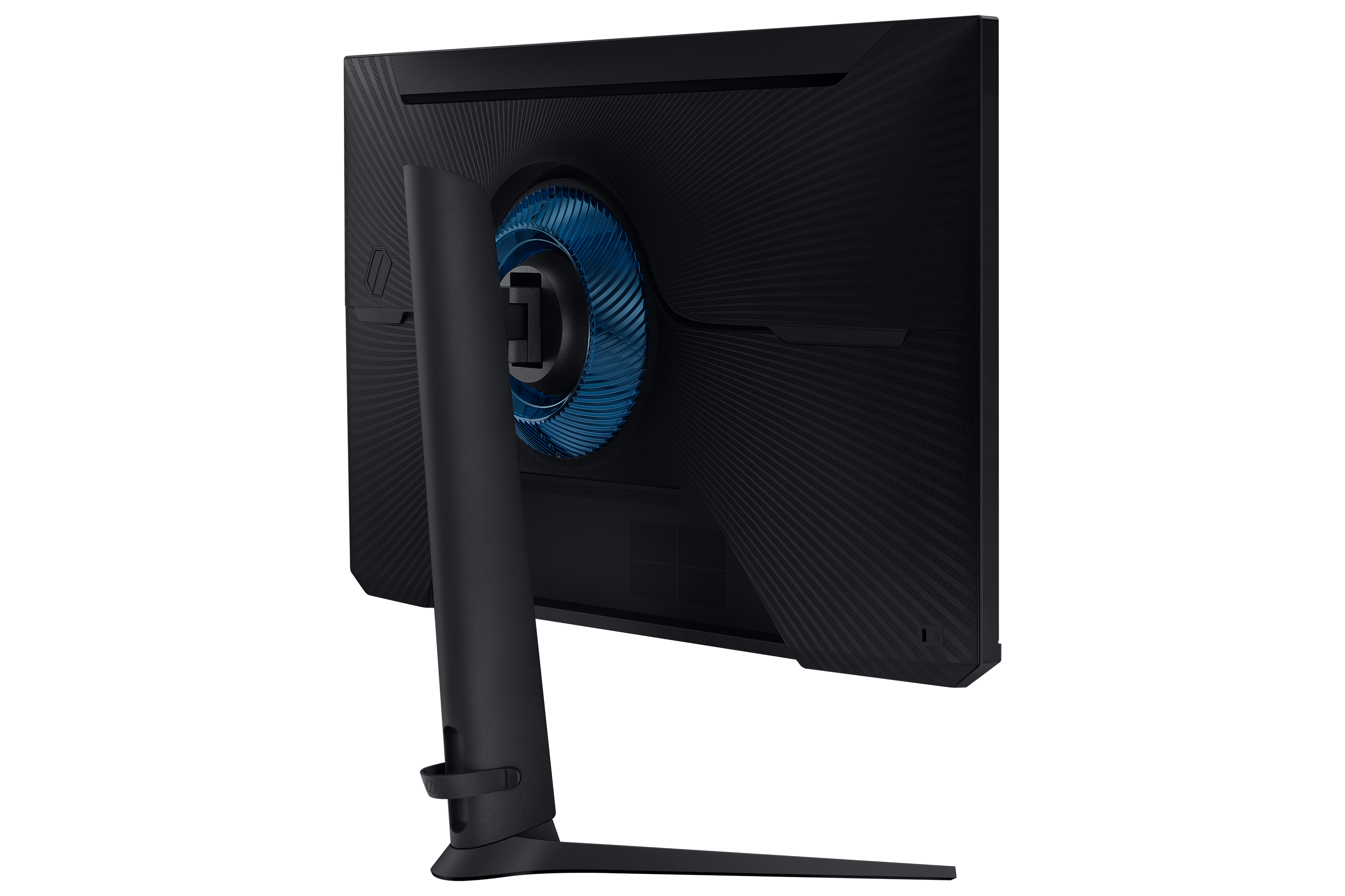 Achteraanzicht van een zwarte monitor met een blauw cirkelvormig ontwerp, schuin tegen een witte achtergrond.