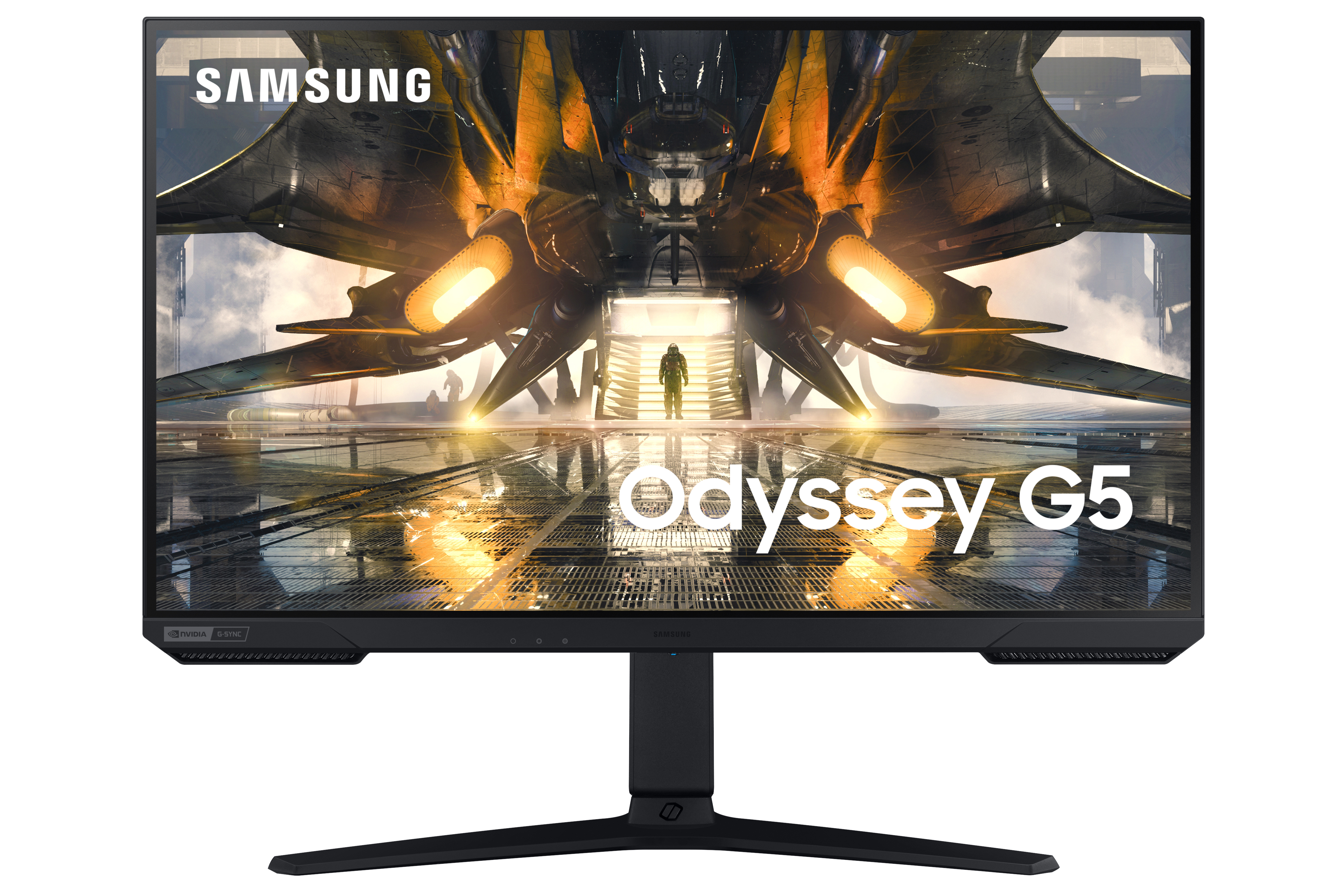 Il monitor Samsung Odyssey G5 mostra una scena futuristica. Cornice e supporto neri.