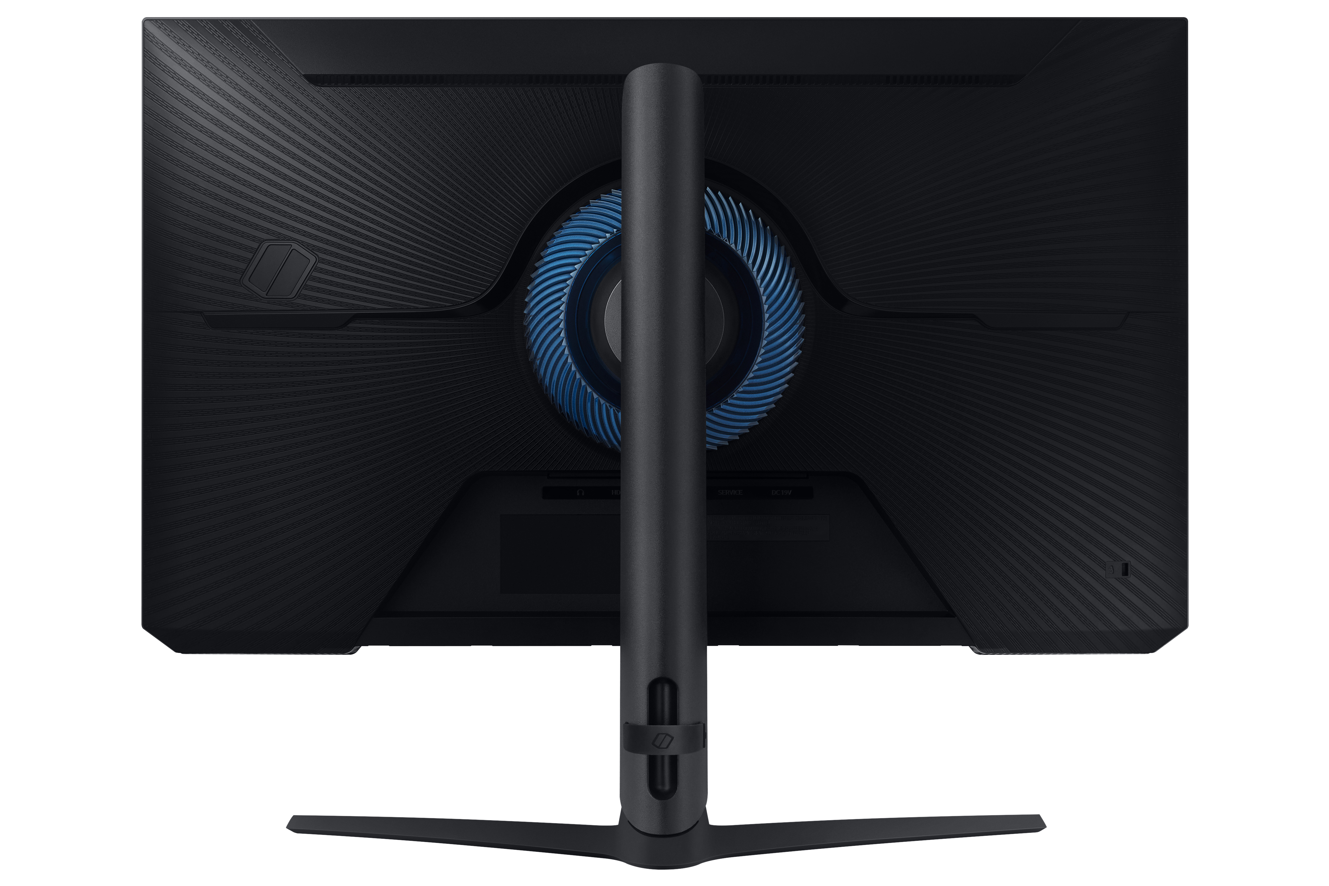 Vista posteriore di un monitor da gioco con supporto e dettagli blu.