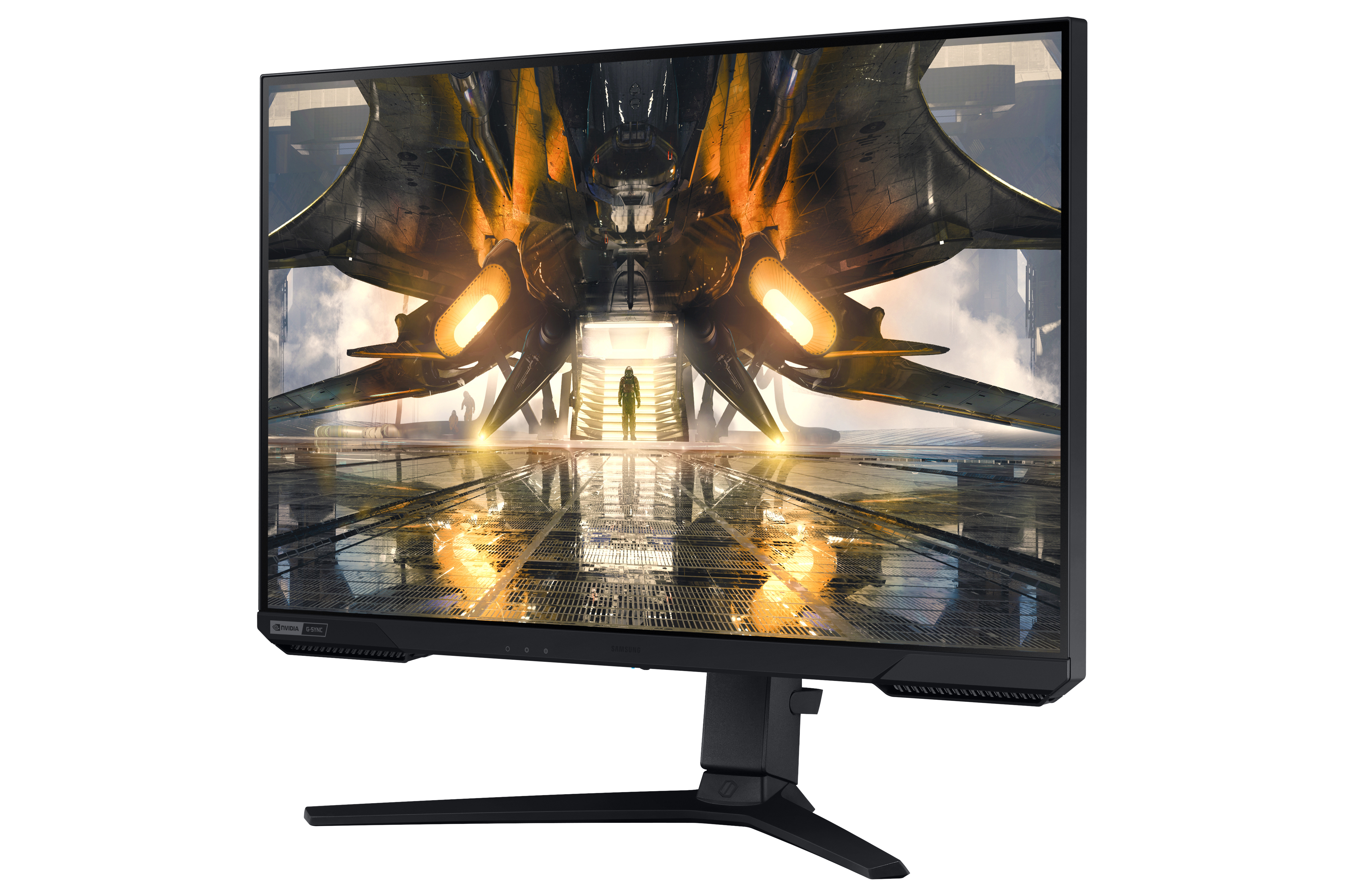 Un monitor da gioco mostra una scena futuristica con un'astronave. Ha una cornice nera e un supporto.