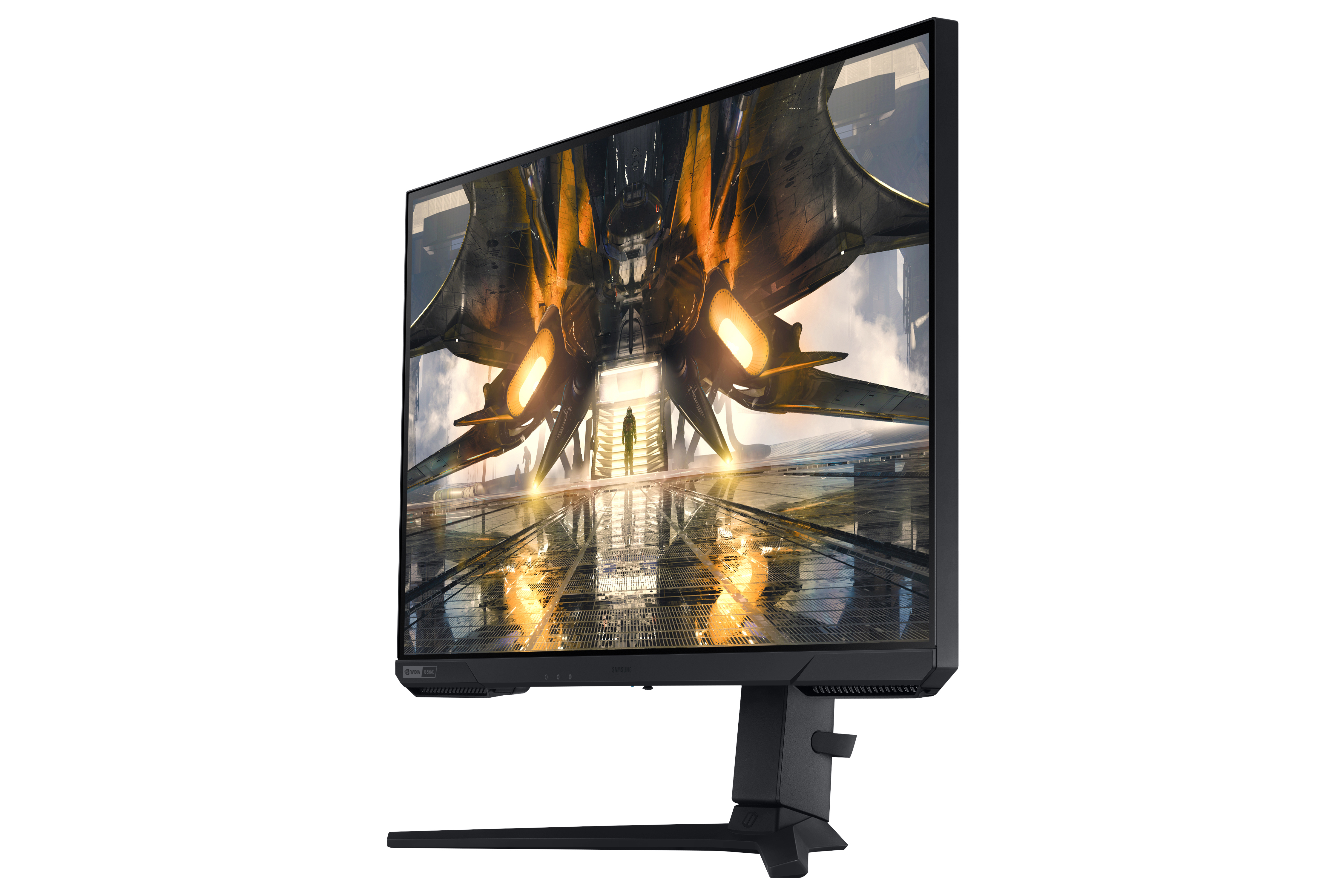 Monitor con scena di battaglia in ambientazione futuristica. Cornice nera. Sfondo bianco.