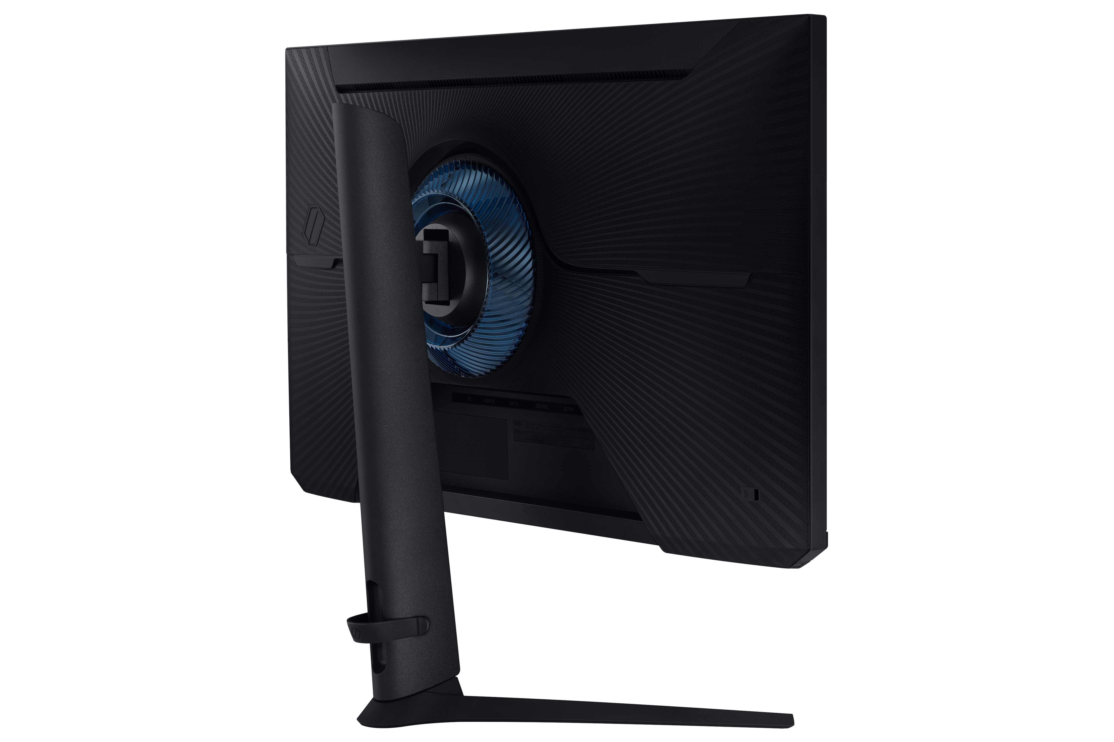 Monitor Samsung nero visto di lato. Ha un accento blu sul retro e un supporto.