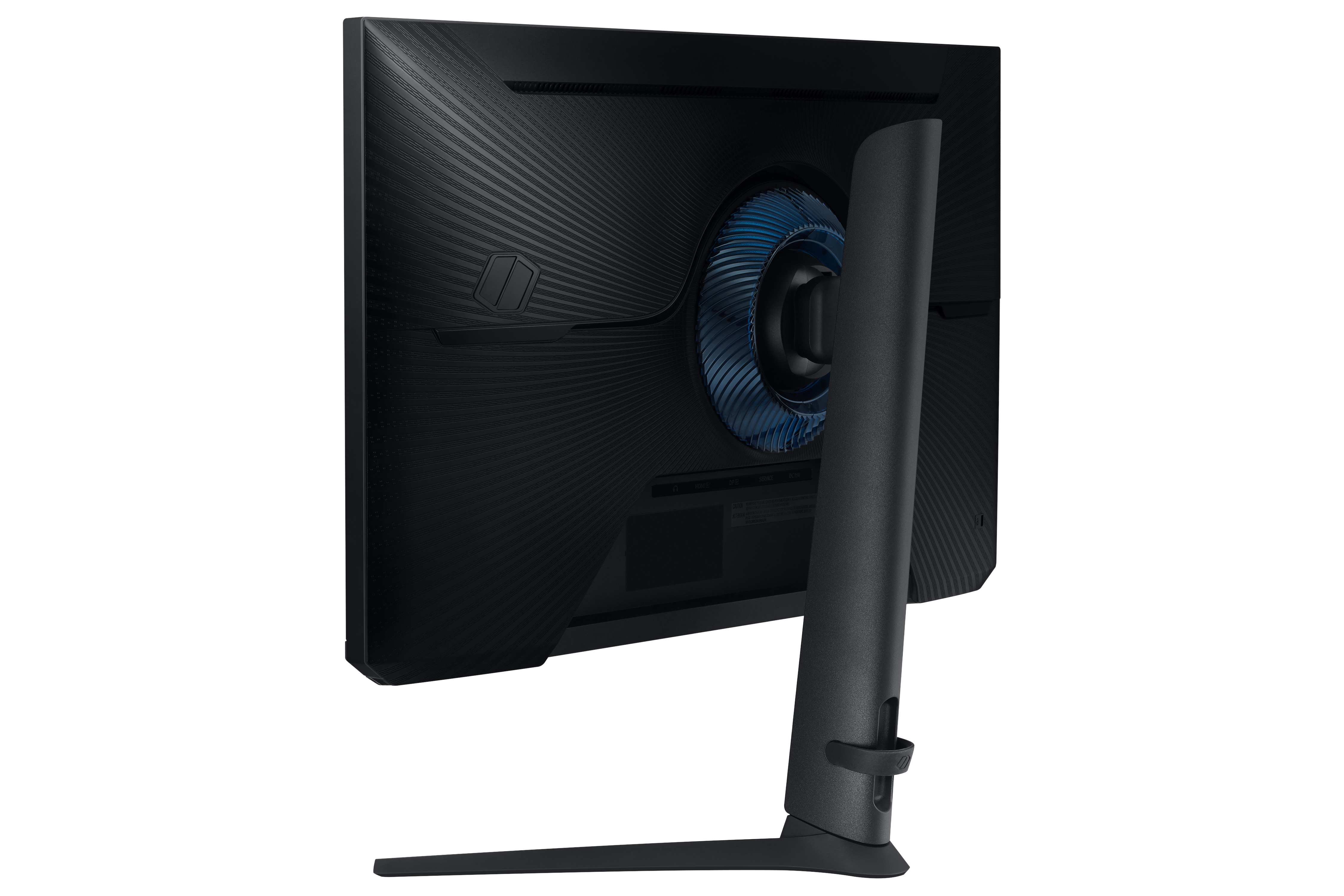Vista posteriore di un monitor Samsung curvo nero con design blu.