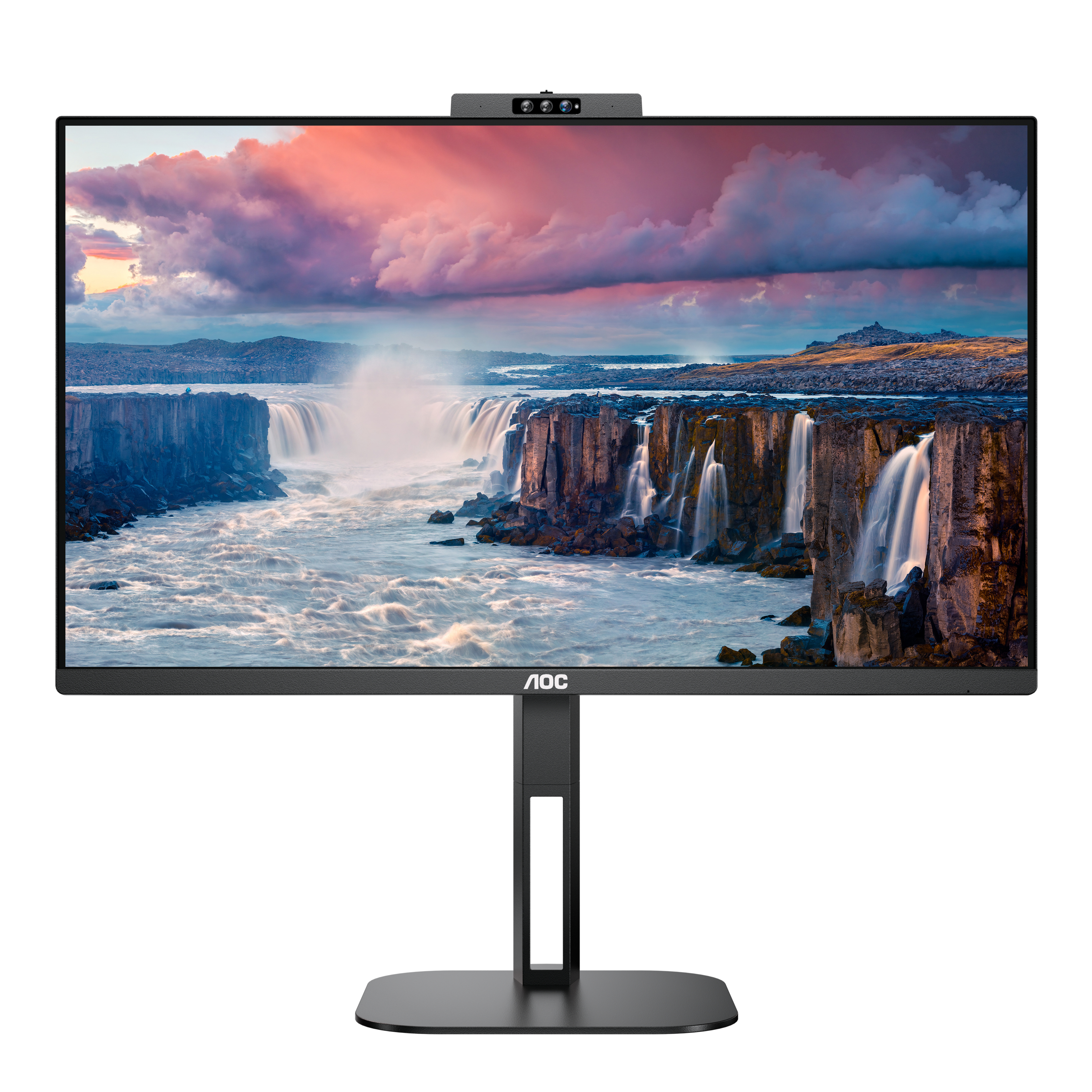 Monitor displays a waterfall scene. It has a stand. The top has a webcam.