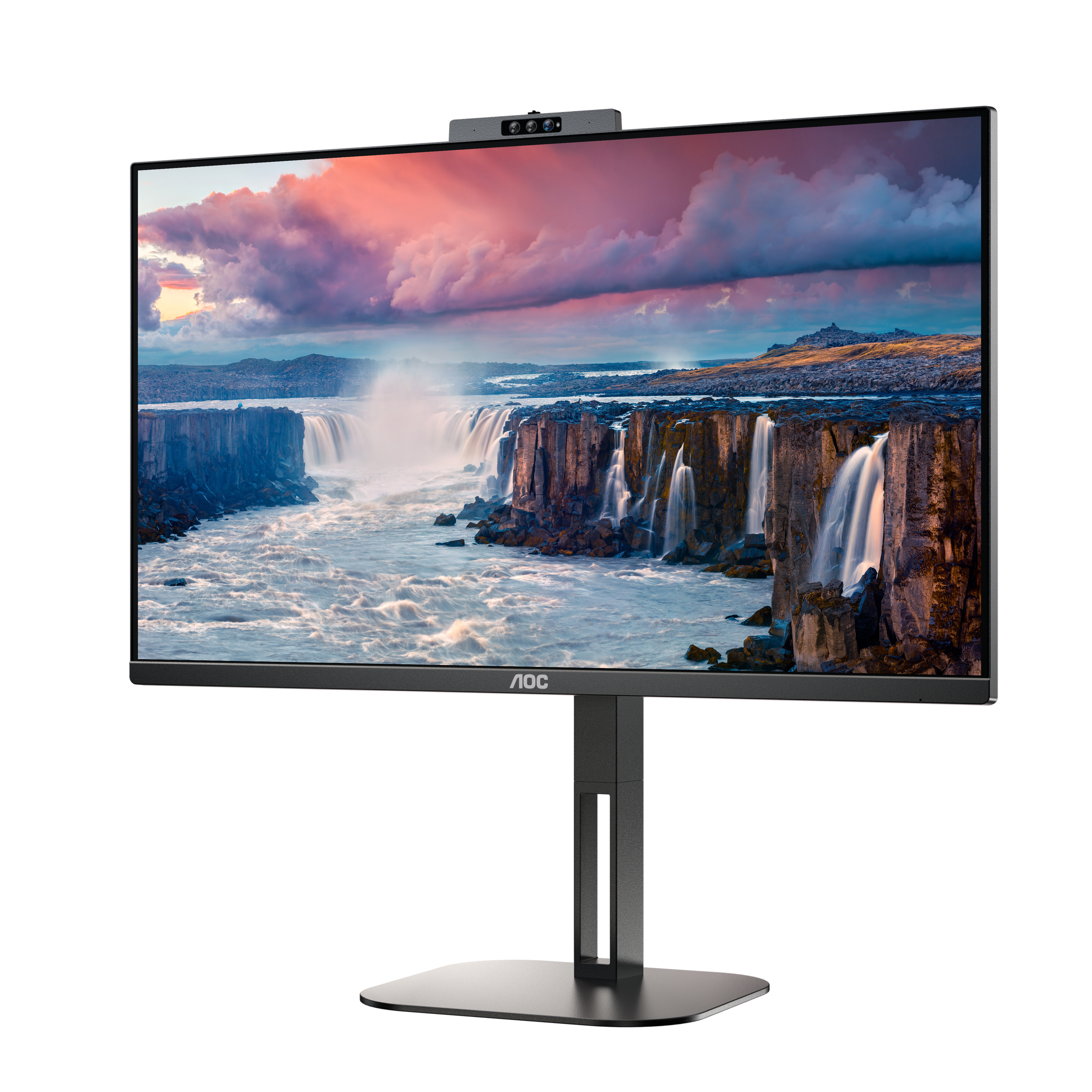 AOC monitor displaying a waterfall scene. Black frame, black stand, white background. Webcam on top.