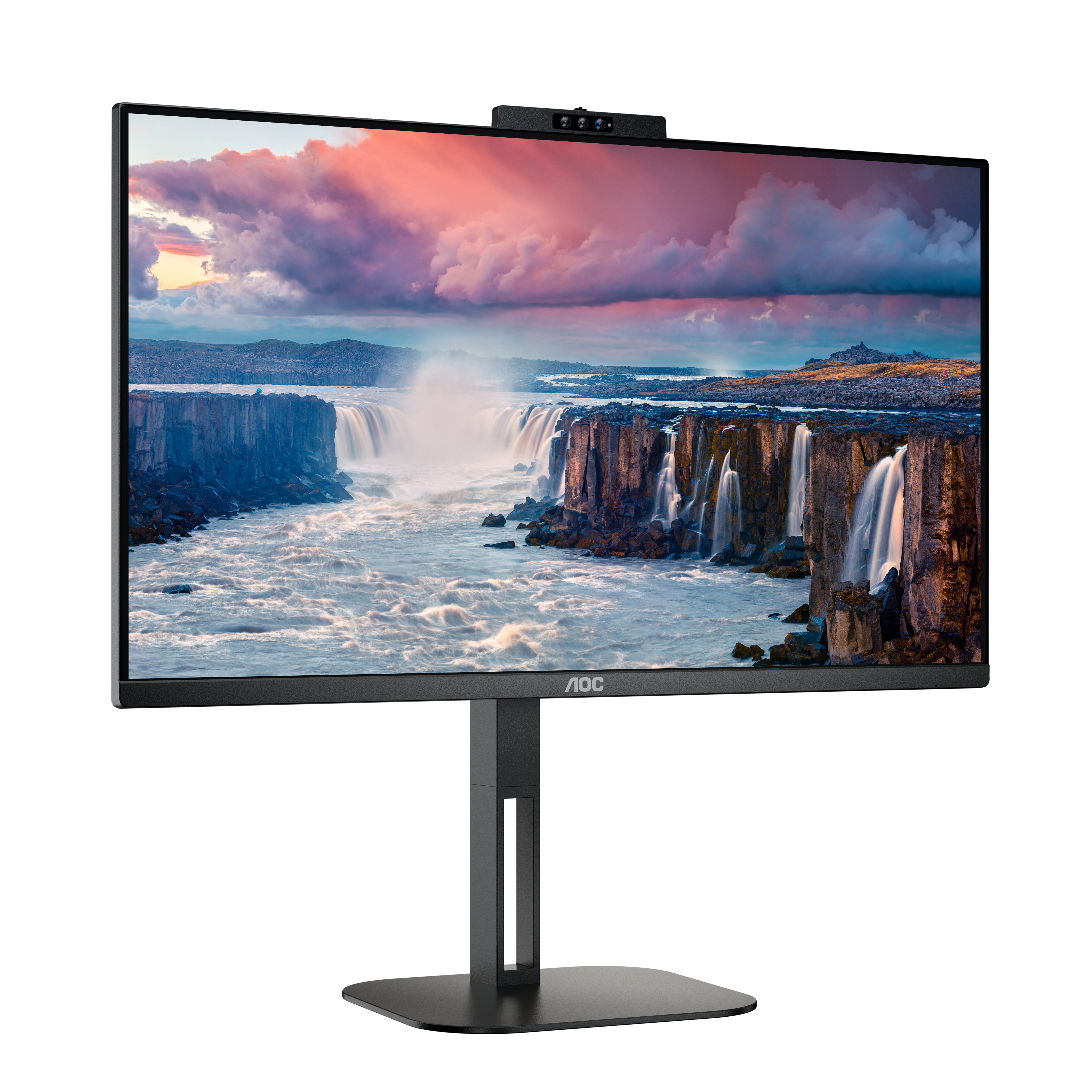 Black monitor displaying a waterfall scene. It has a webcam, and stands on a black stand.
