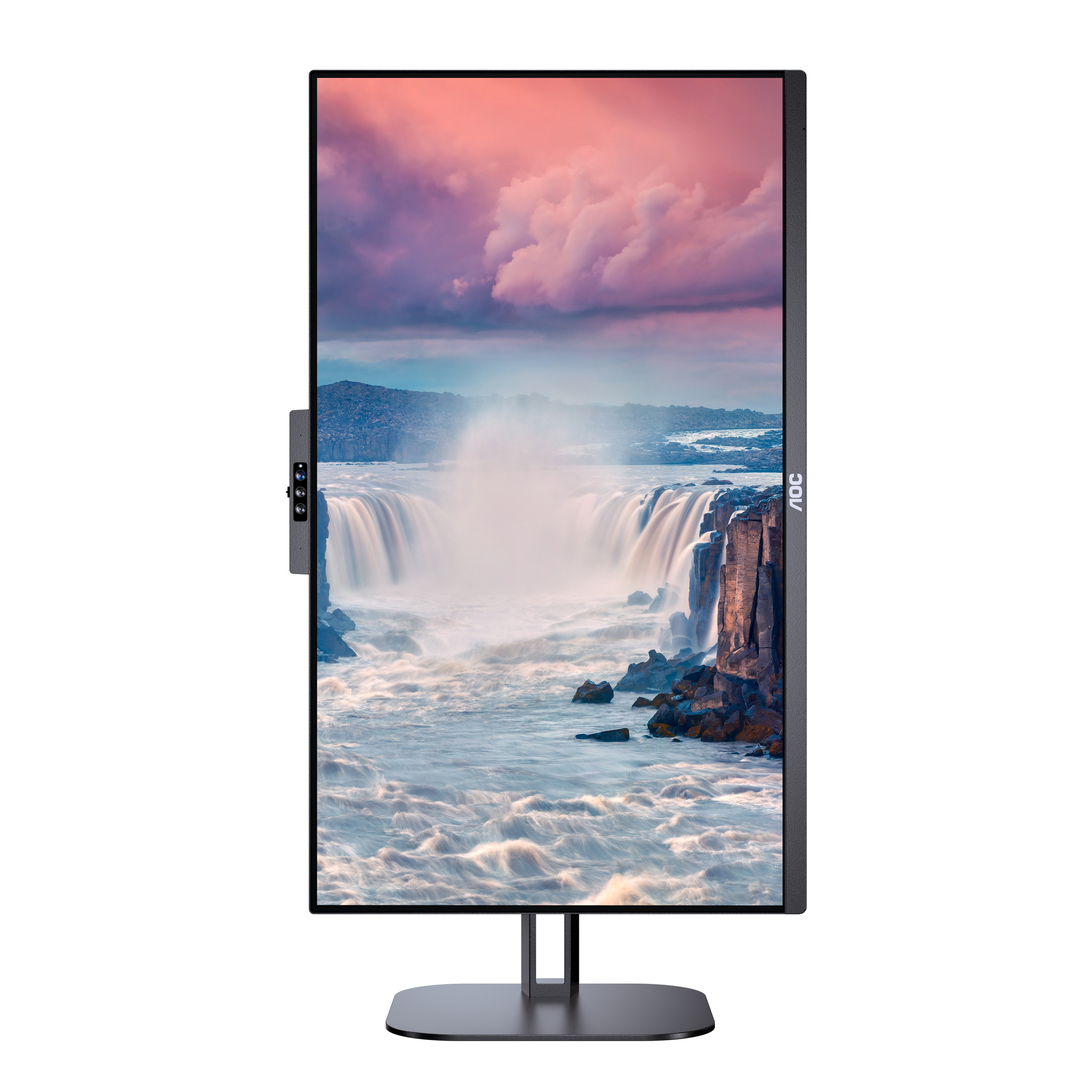 AOC monitor displays a waterfall scene. The monitor is in a vertical position.