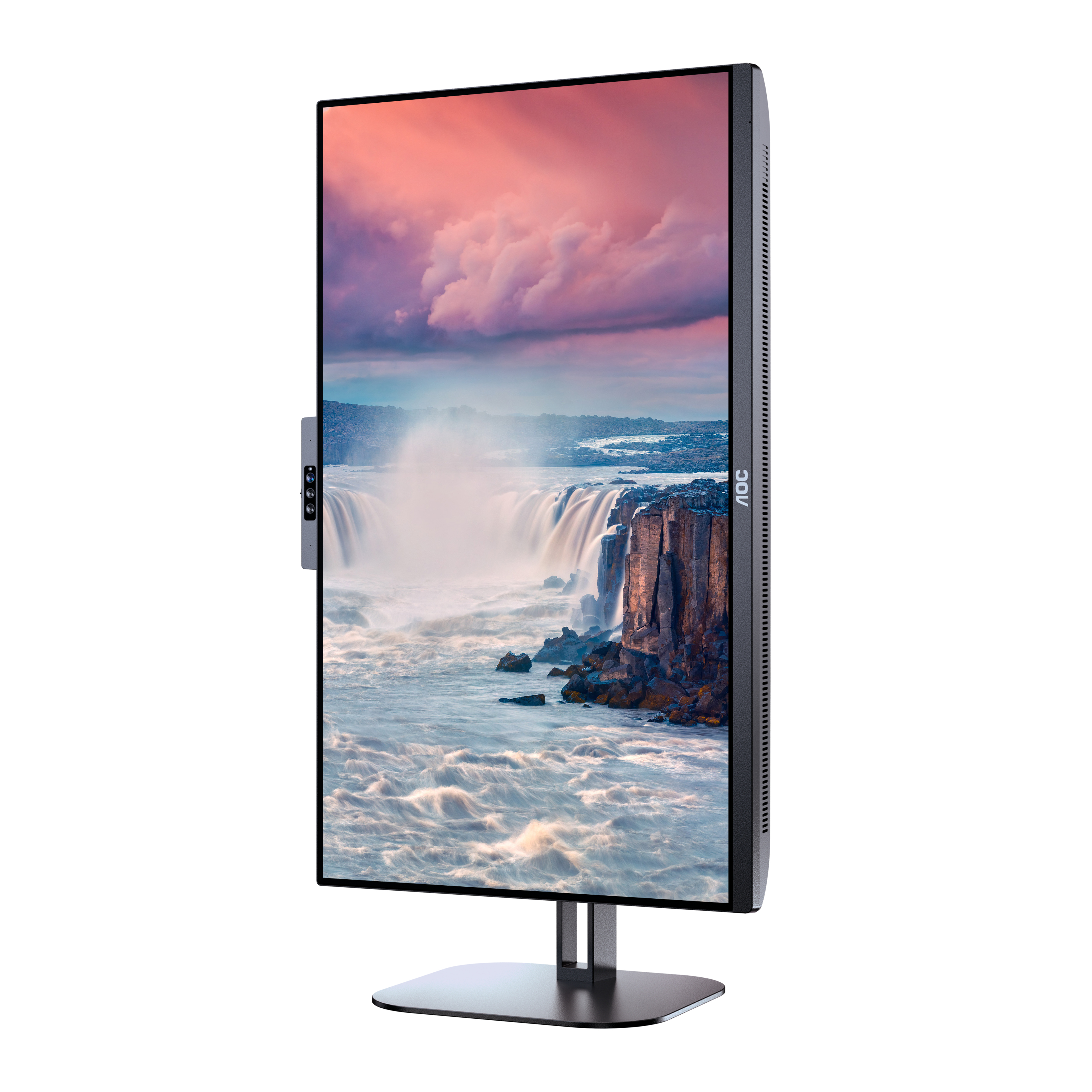 Monitor with a waterfall scene. It has a silver stand and is framed in black. The background is white.