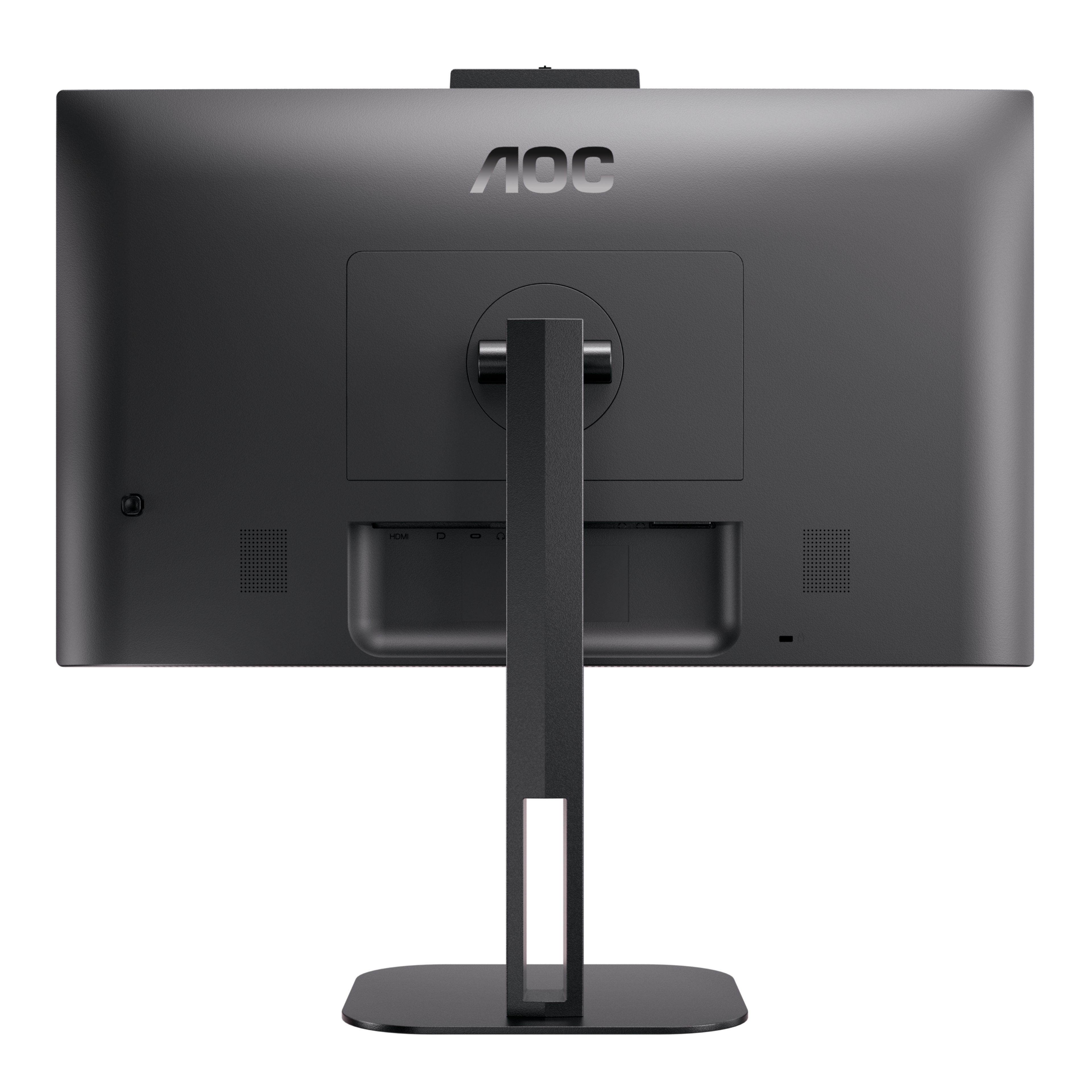 Back of a black monitor with the AOC logo, a stand, and several ports.
